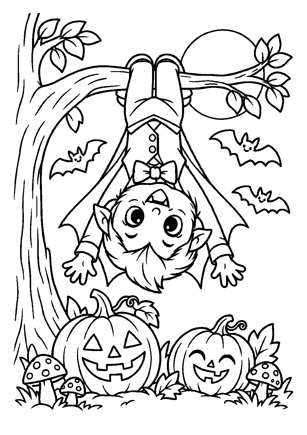 Petit vampire suspendu à une branche au-dessus des citrouilles à colorier