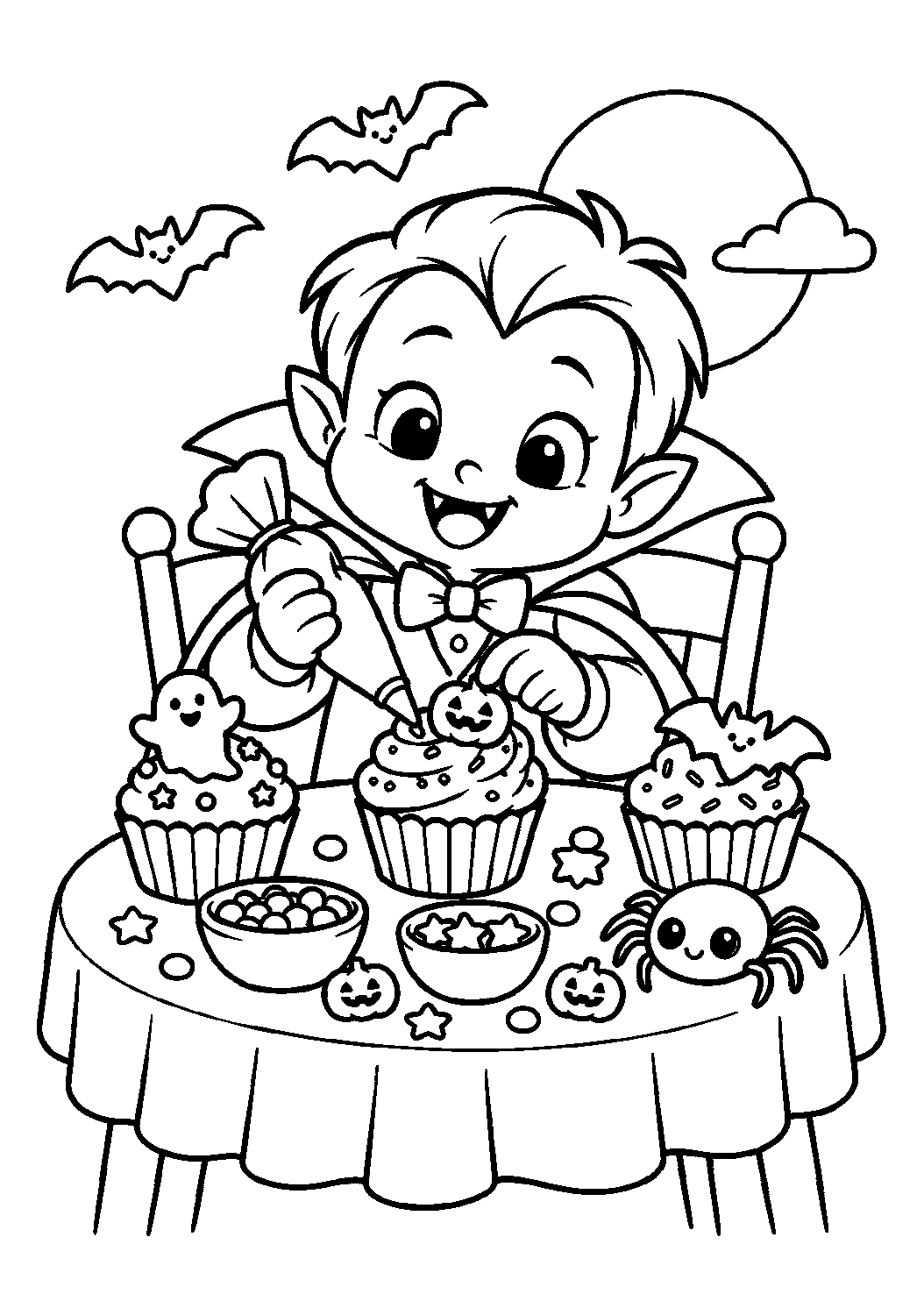 Petit vampire décorant des cupcakes d’Halloween avec une araignée à colorier