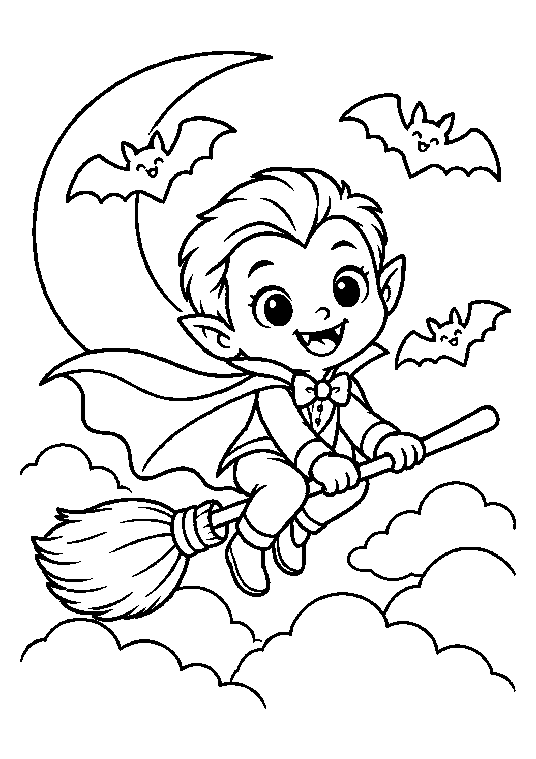 Jeune vampire sur un balai devant la lune et des chauves-souris à colorier
