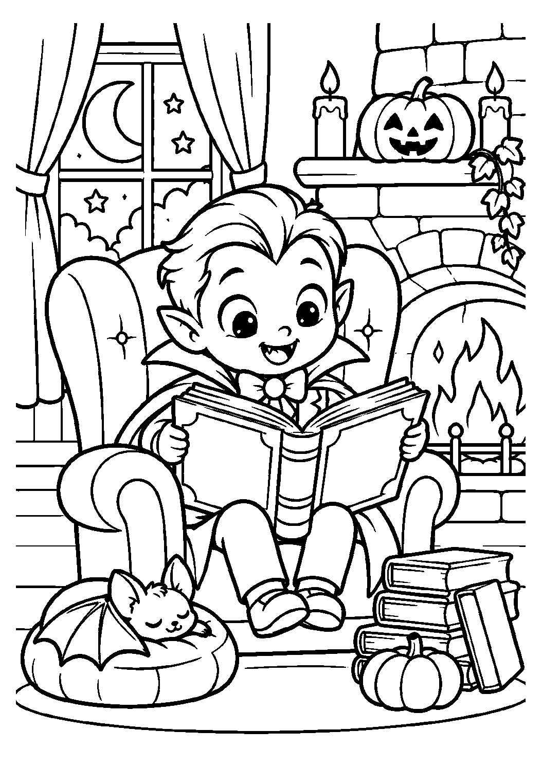 Petit vampire lisant dans un fauteuil près de la cheminée à colorier