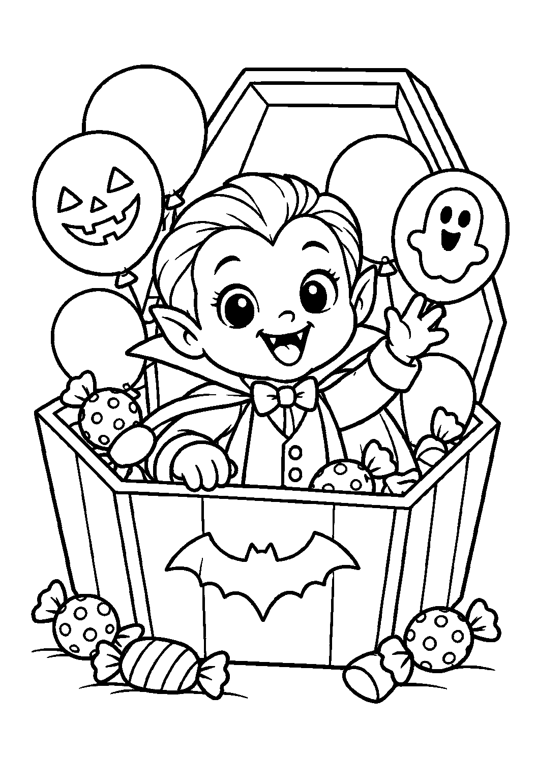 Vampire sortant d’un coffre rempli de ballons et de bonbons à colorier