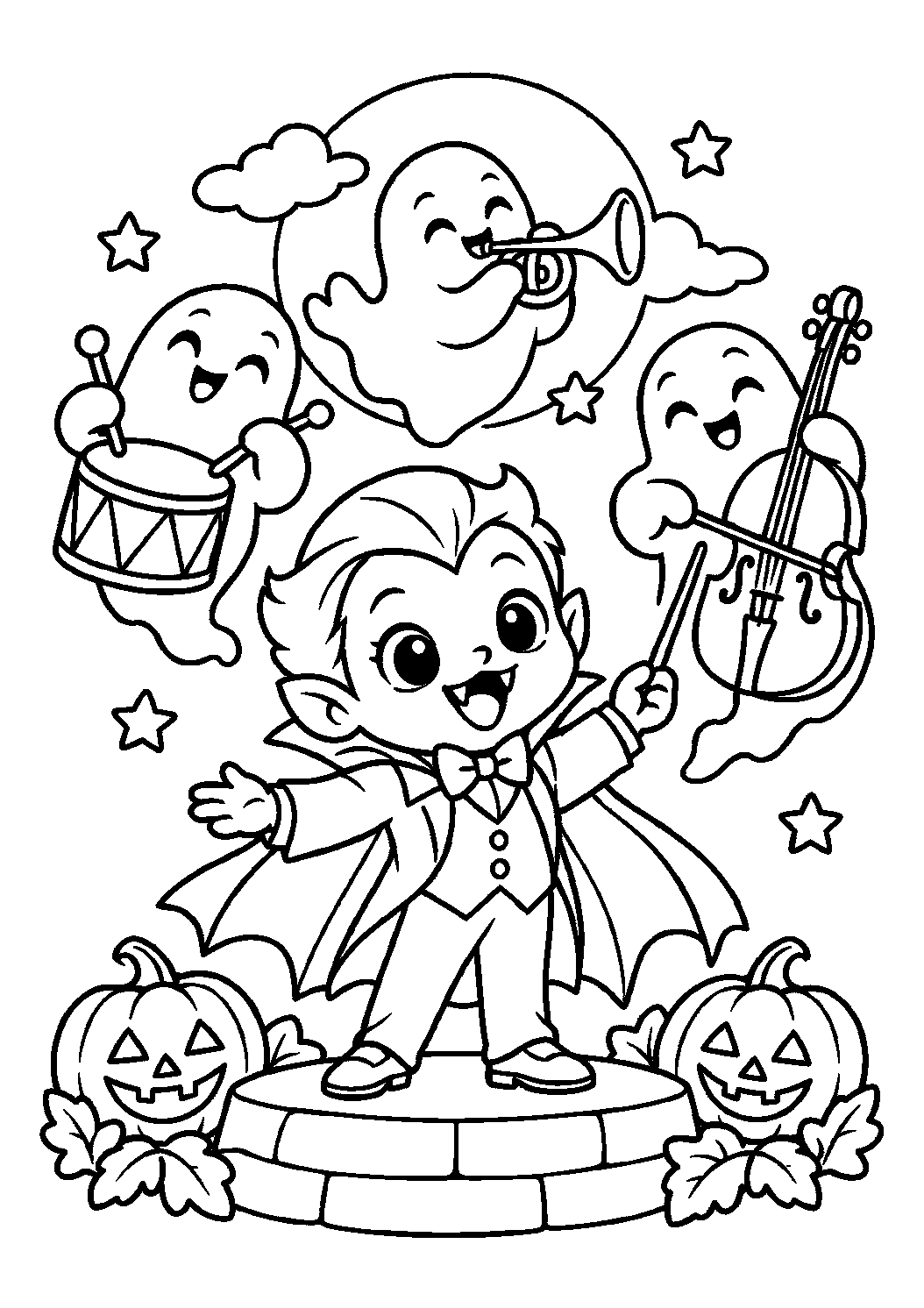 Vampire dirigeant un orchestre de fantômes musiciens à colorier