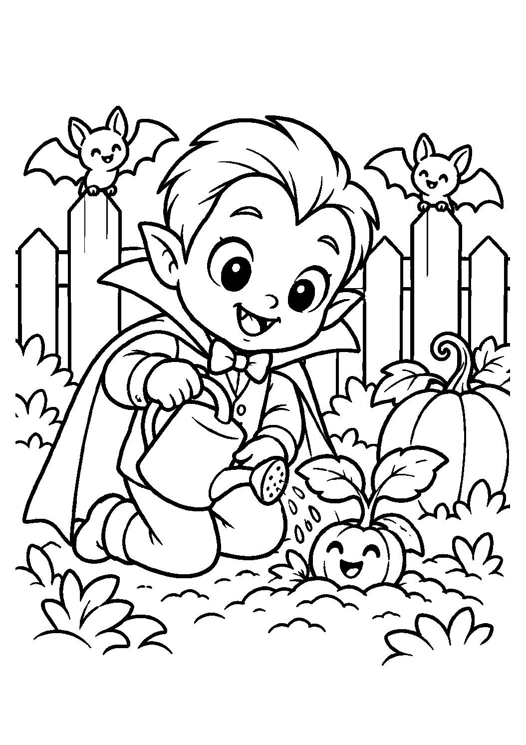 Petit vampire arrosant une jeune citrouille dans son jardin à colorier
