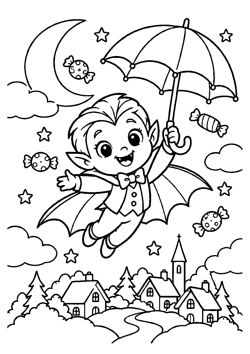 Vampire volant dans le ciel avec un parapluie et des bonbons à colorier