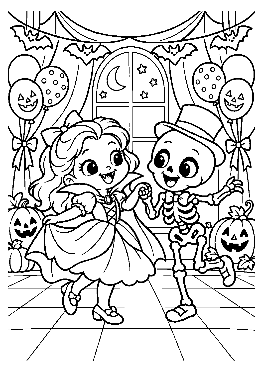 Jeune vampire dansant avec un squelette lors d’un bal d’Halloween à colorier