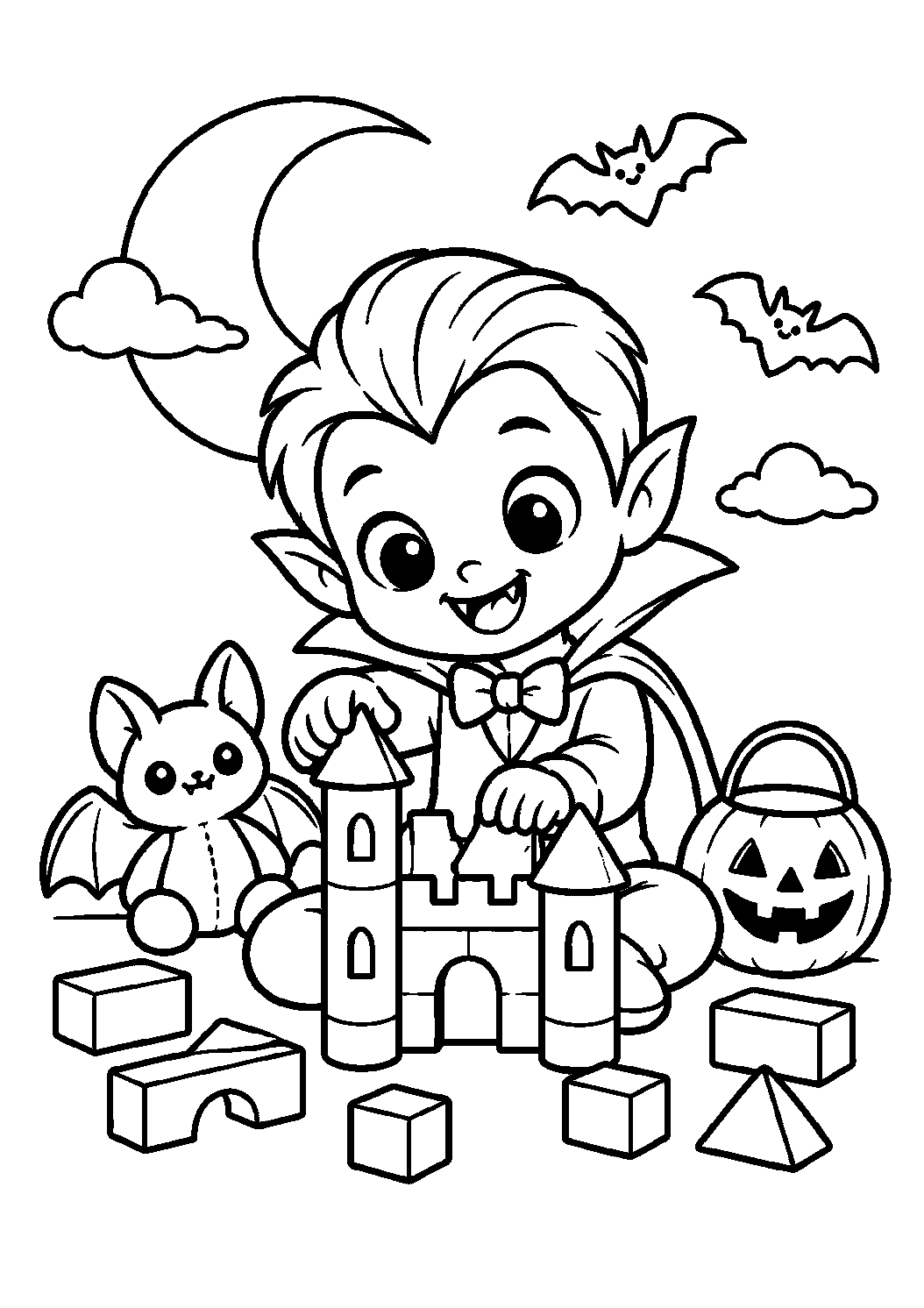 Petit vampire construisant un château avec des cubes à colorier