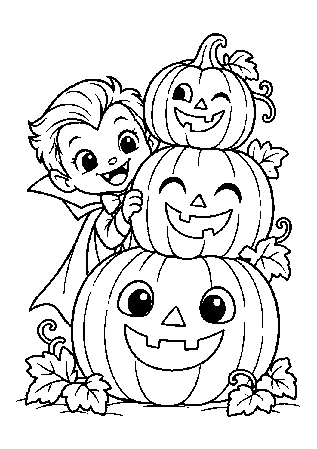 Vampire derrière une grande pile de citrouilles souriantes à colorier