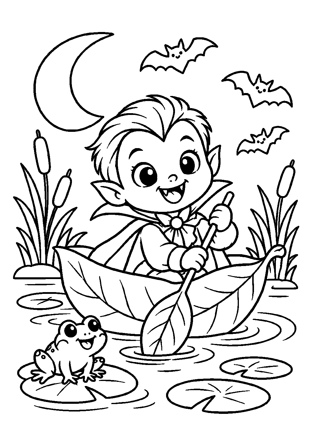 Petit vampire naviguant sur un étang dans un bateau en forme de feuille à colorier