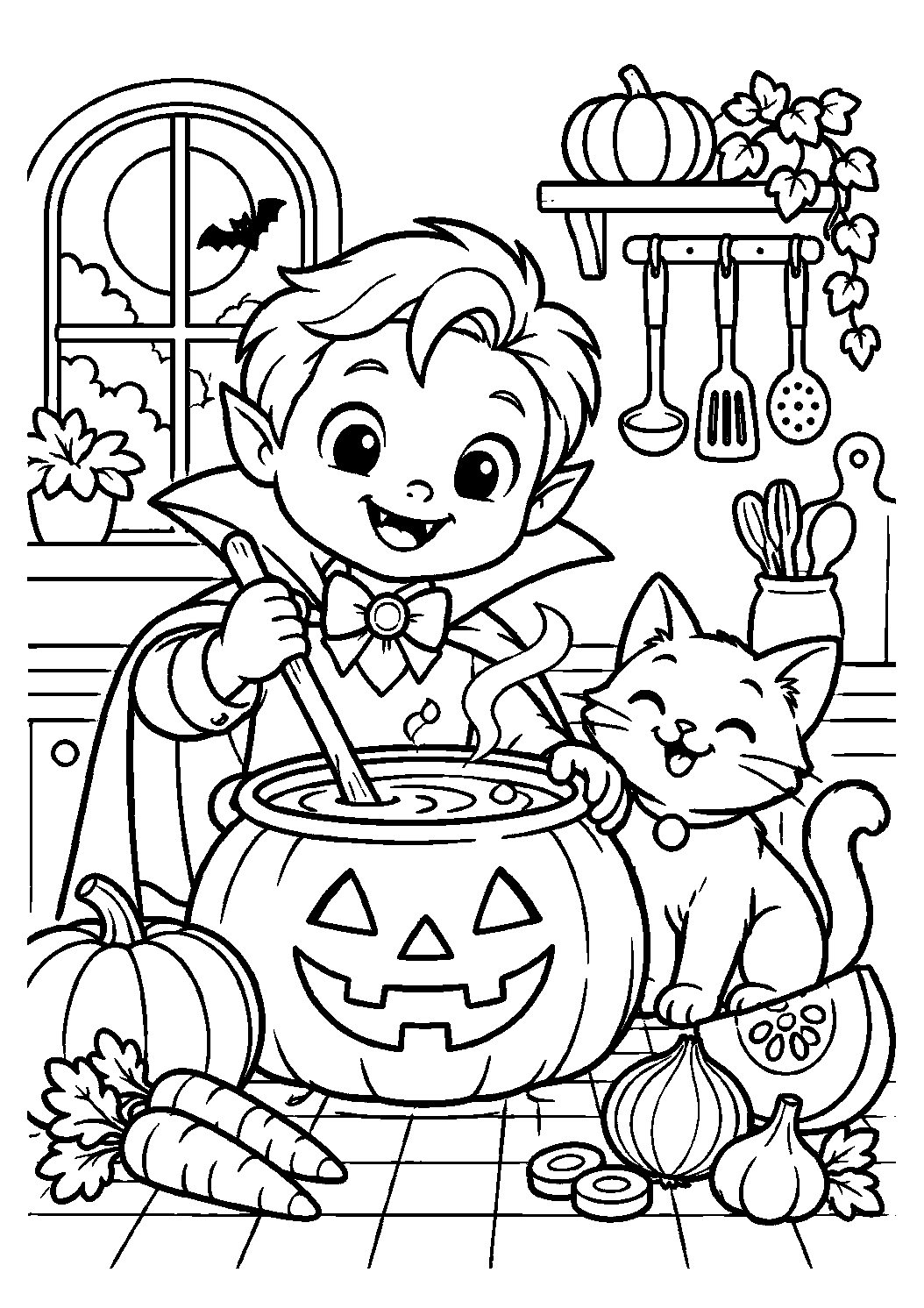 Vampire préparant une soupe de citrouille avec un chat à colorier