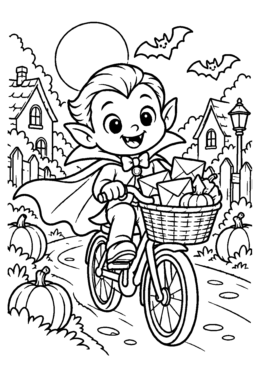 Petit vampire à vélo avec un panier d’invitations d’Halloween à colorier