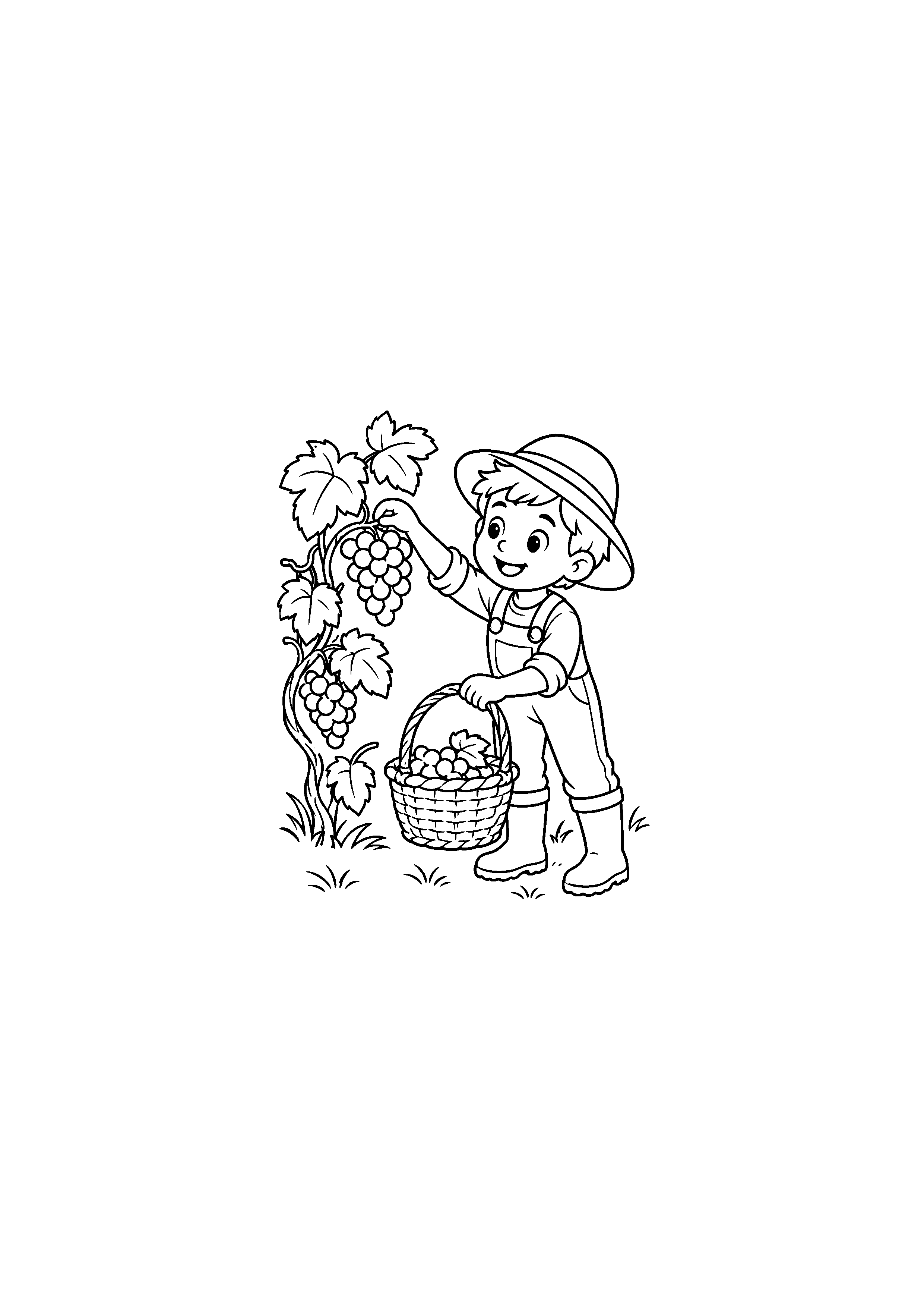 Coloriage enfant qui cueille du raisin