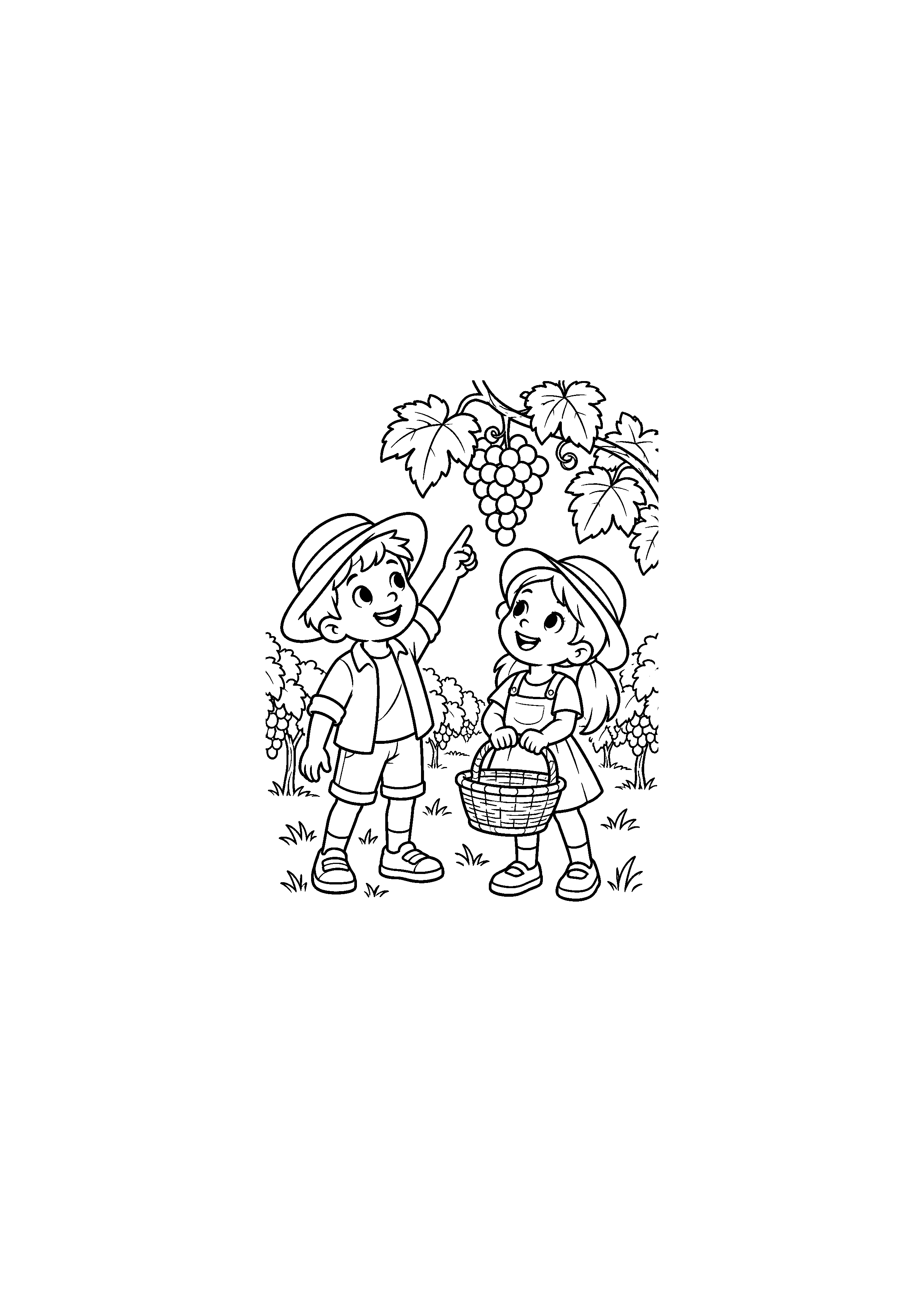 Coloriage enfants découvrant les raisins