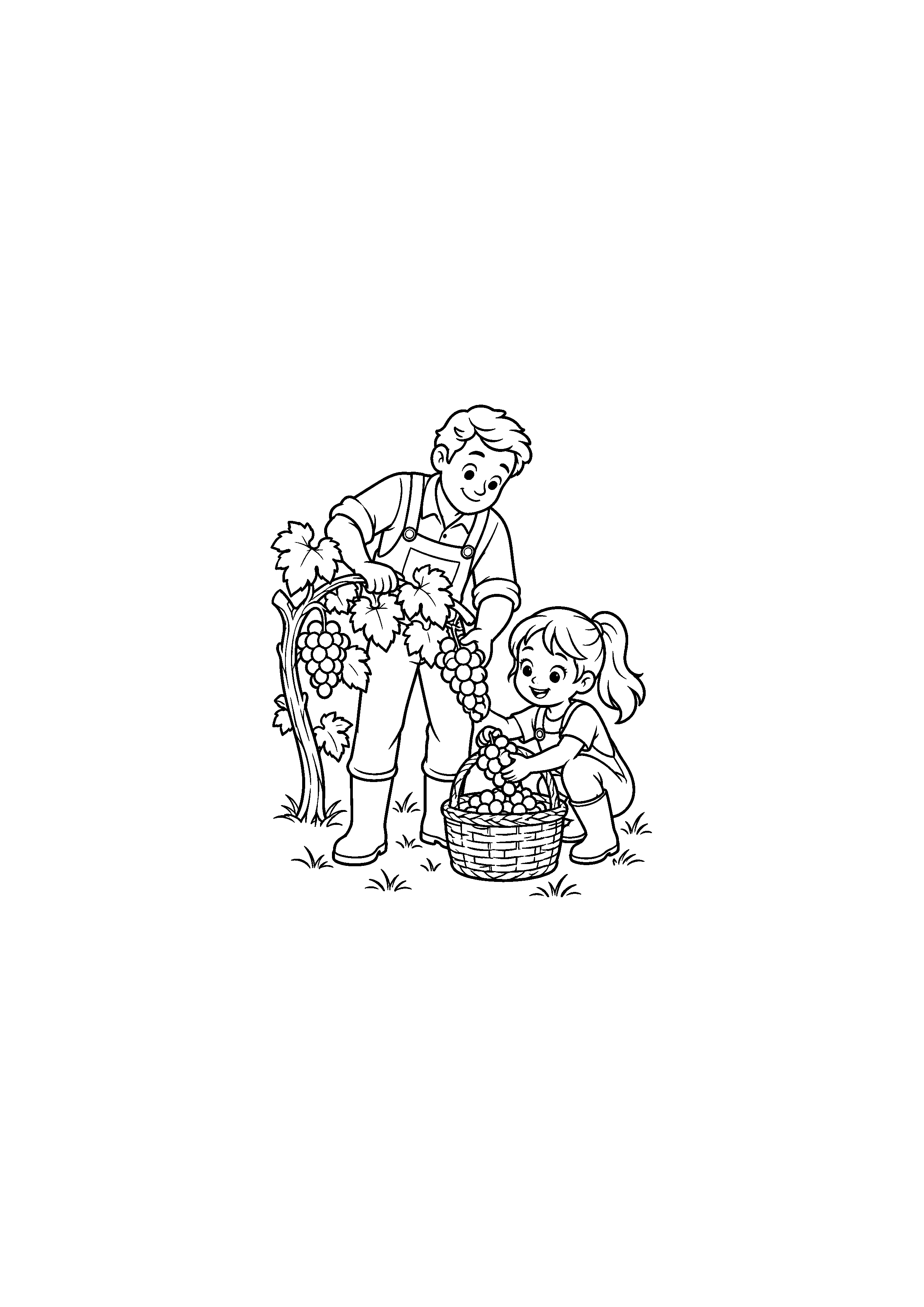Coloriage d'un parent et d'un enfant récoltant du raisin ensemble