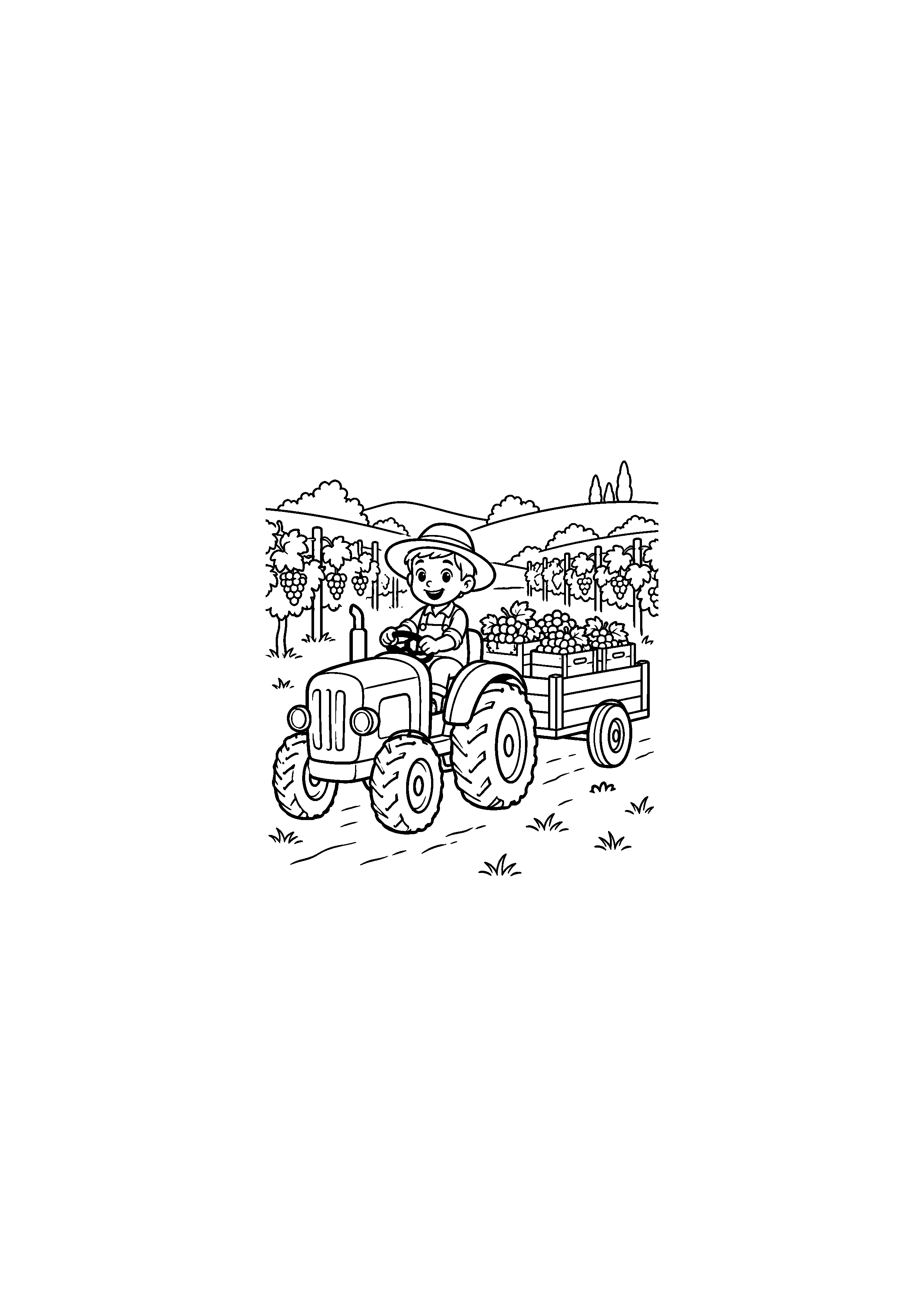 Coloriage d'un tracteur transportant des cagettes de raisins dans un vignoble