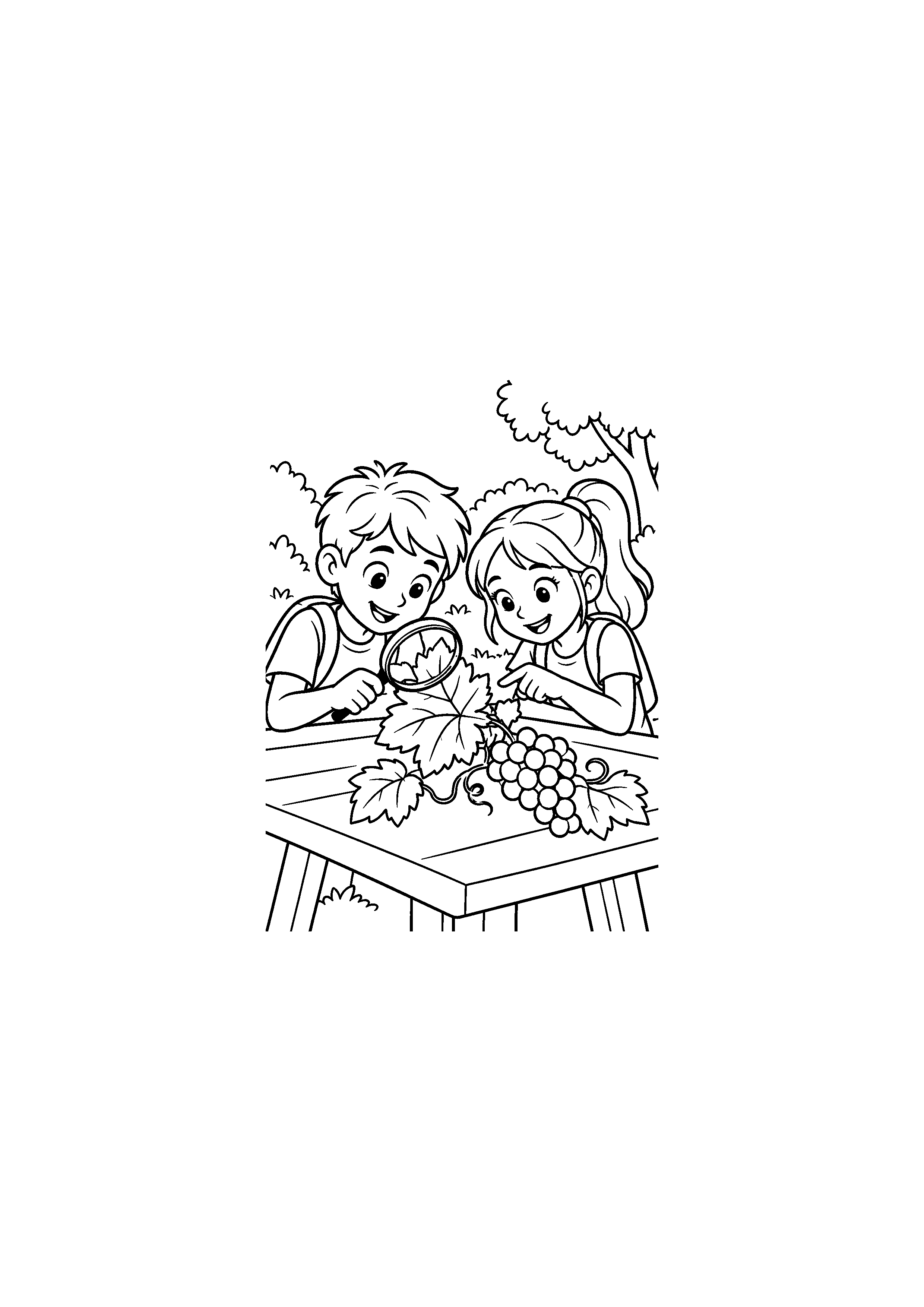 Coloriage de deux enfants examinant une feuille et une grappe de raisin à la loupe