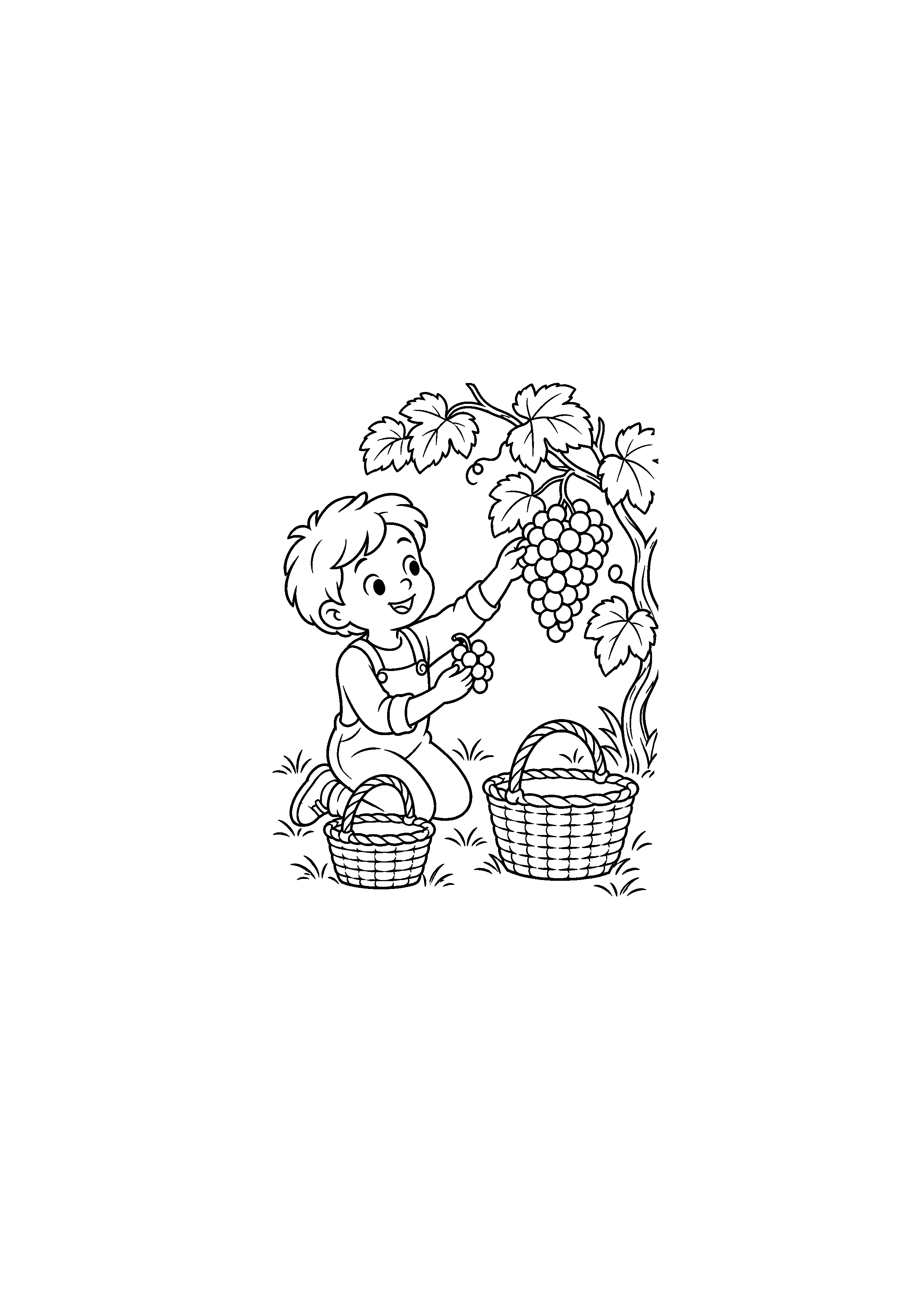 Coloriage d'un enfant comparant une petite et une grande grappe de raisin