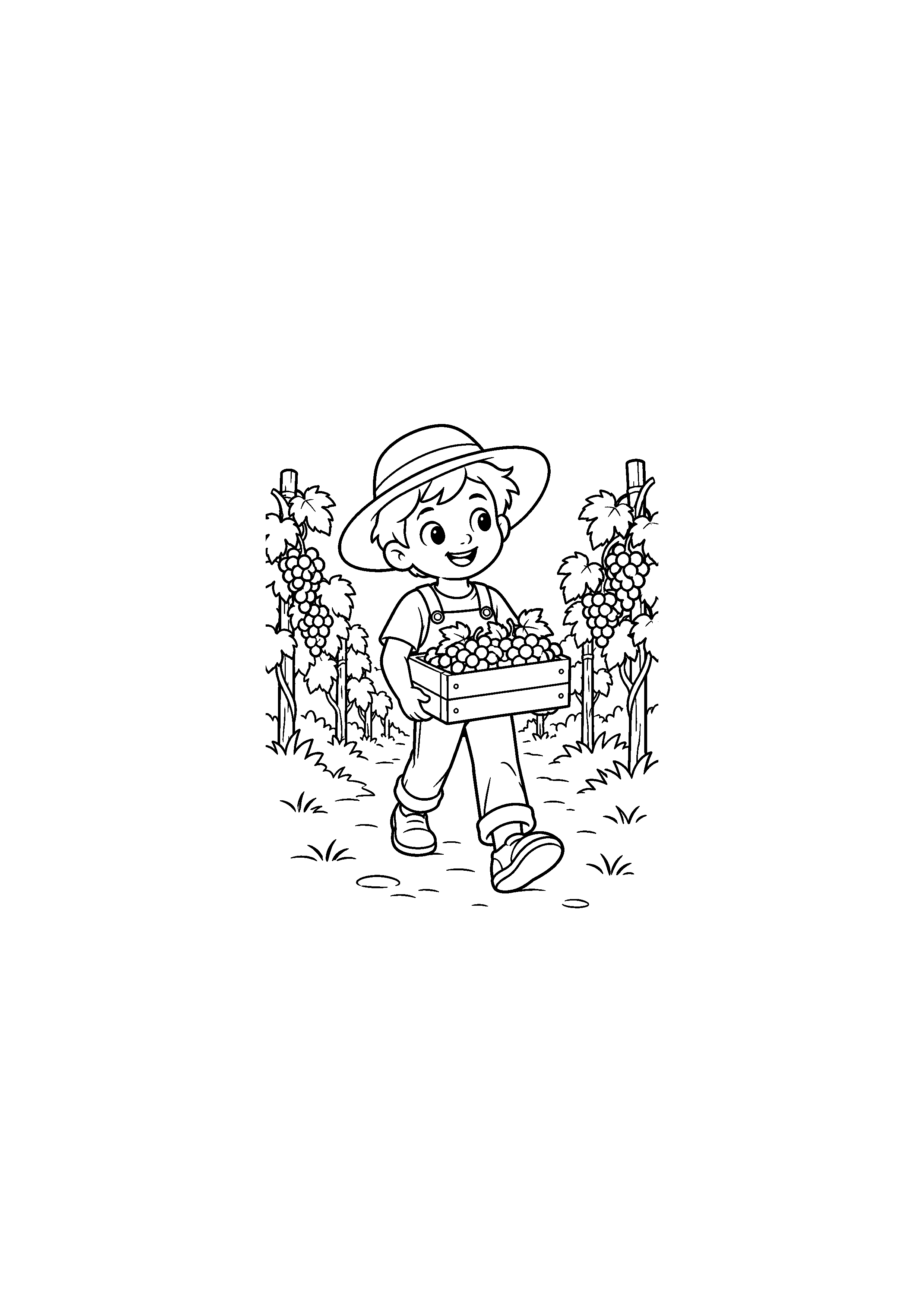 Coloriage d'un enfant portant une cagette de raisins sur un chemin de vigne