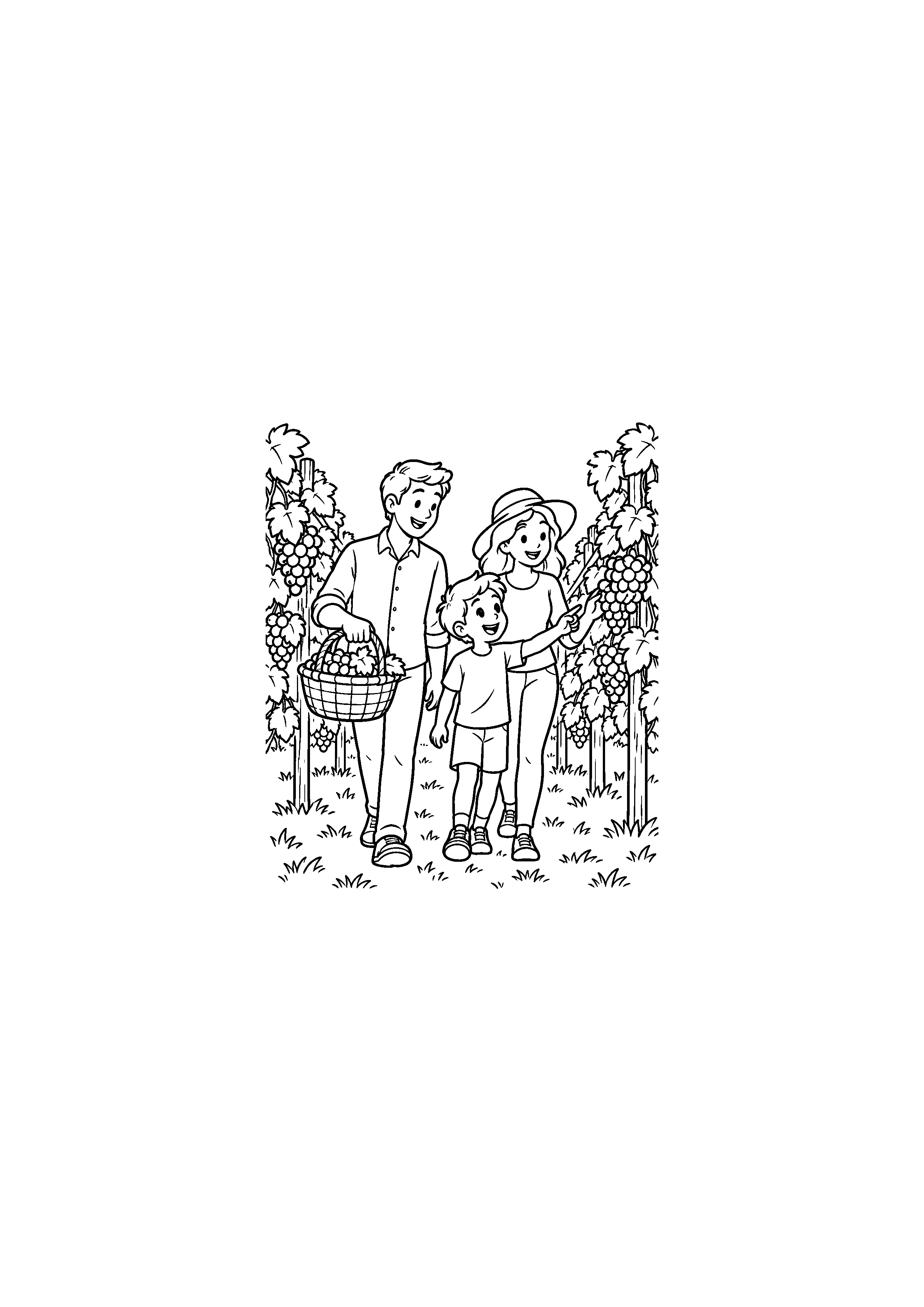 Coloriage d'une famille se promenant entre les rangées de vigne avec un panier