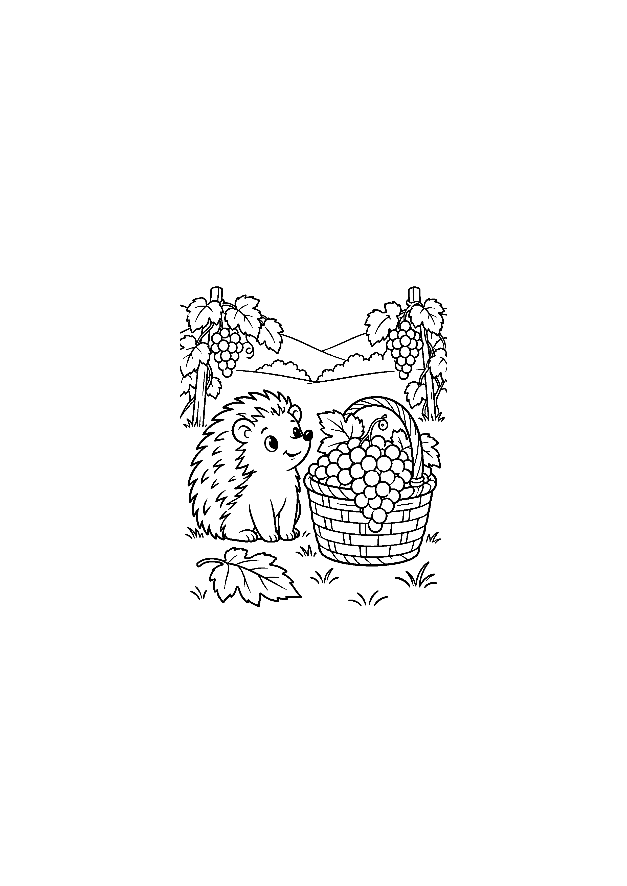 Coloriage d'un hérisson près d'un panier de raisins et d'une feuille de vigne