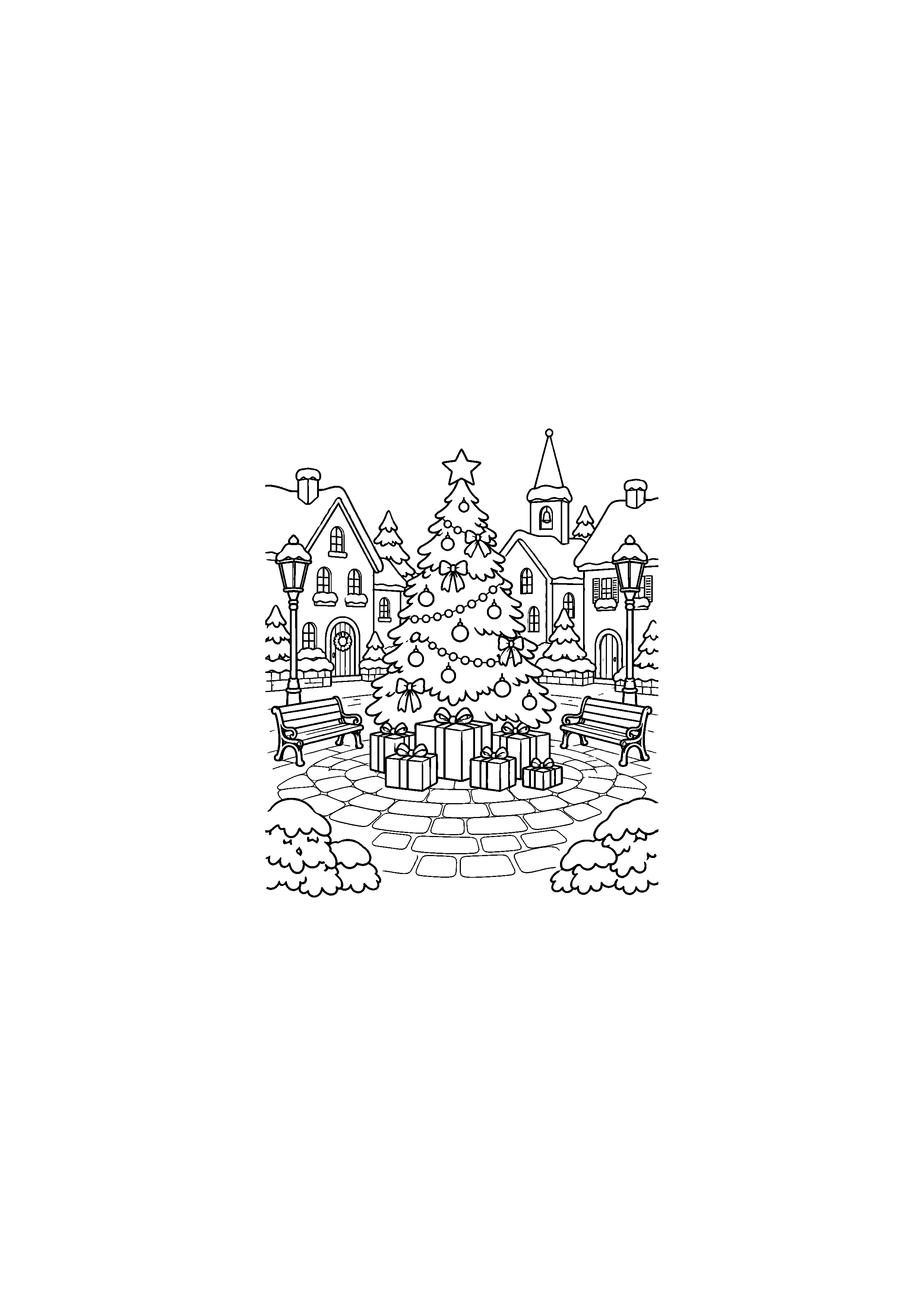 Coloriage Place avec sapin bancs et cadeaux à imprimer