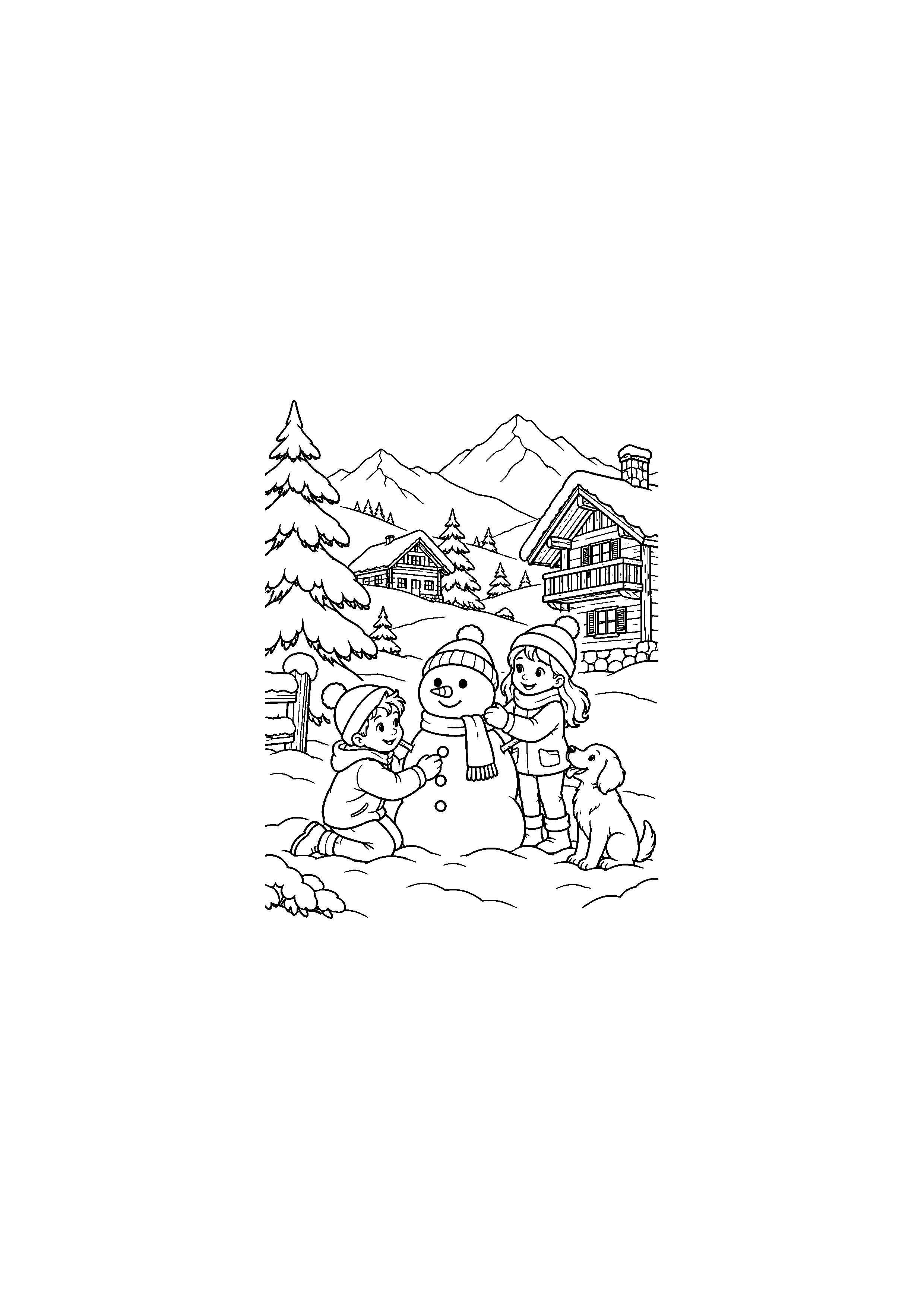 Coloriage Village de montagne et chalets de Noël à imprimer gratuitement