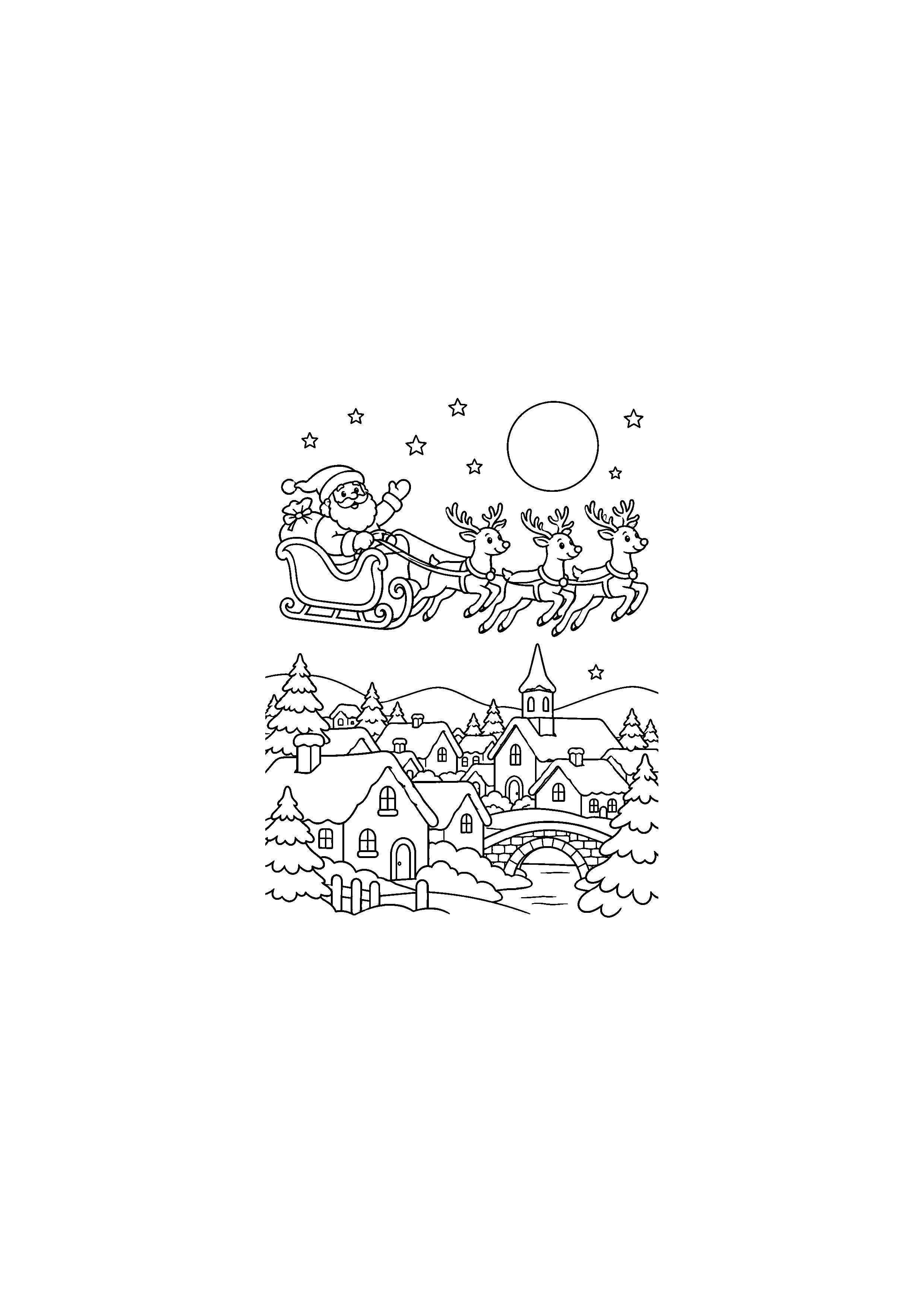 Coloriage Traîneau au-dessus des toits de Noël à imprimer gratuitement