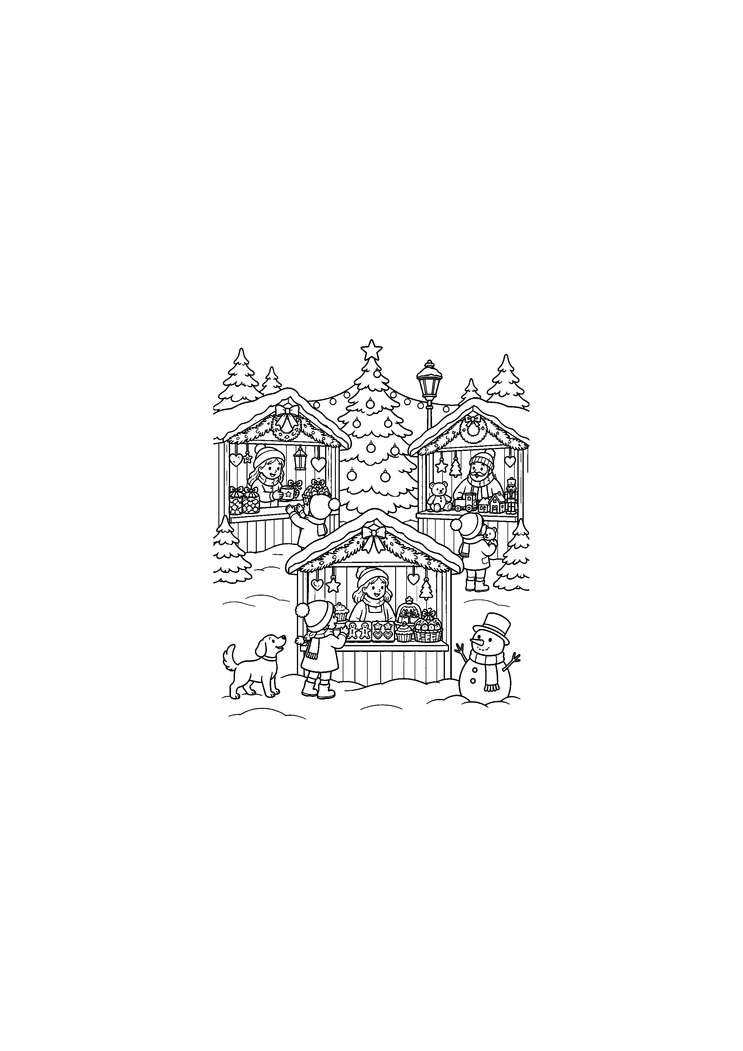 Coloriage Marché avec trois chalets de Noël à imprimer gratuitement