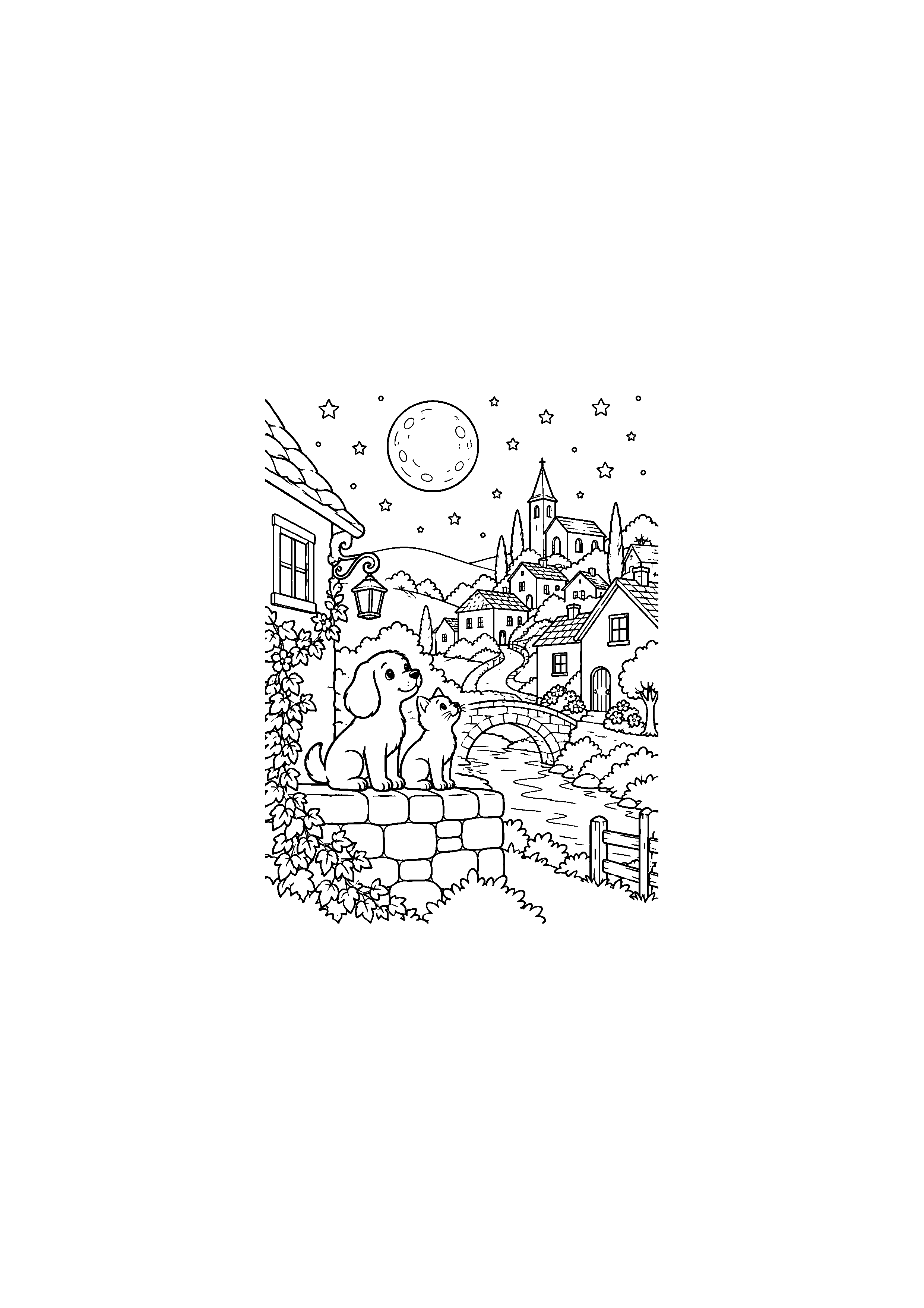 Coloriage Village nocturne au clair de lune de Noël à imprimer gratuitement