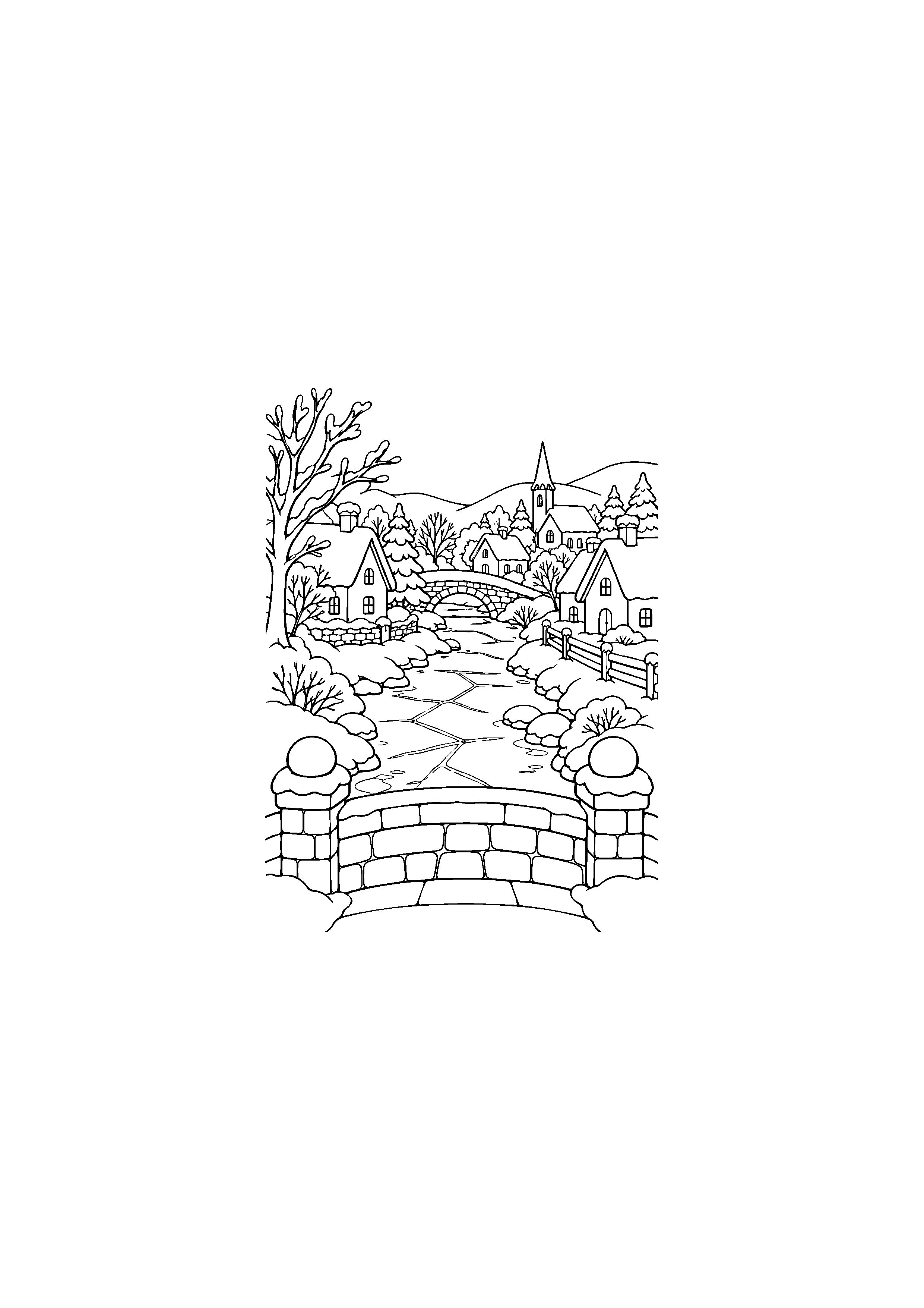 Coloriage Village vu depuis un pont de Noël à imprimer gratuitement