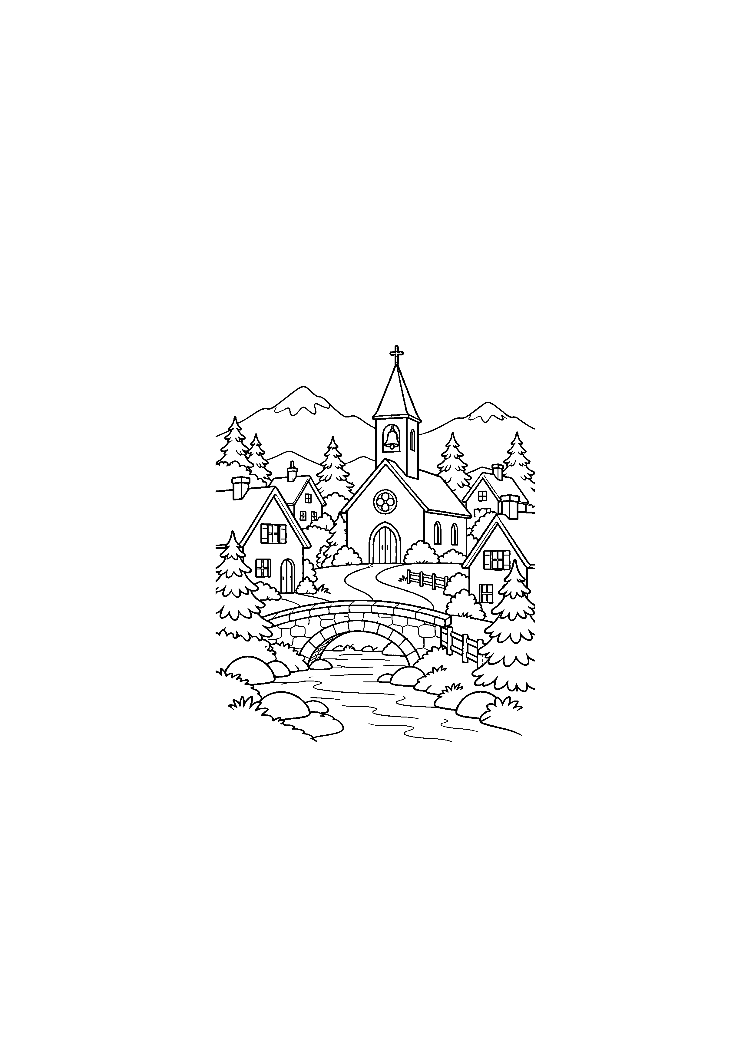Coloriage Village avec église et sapins de Noël à imprimer gratuitement