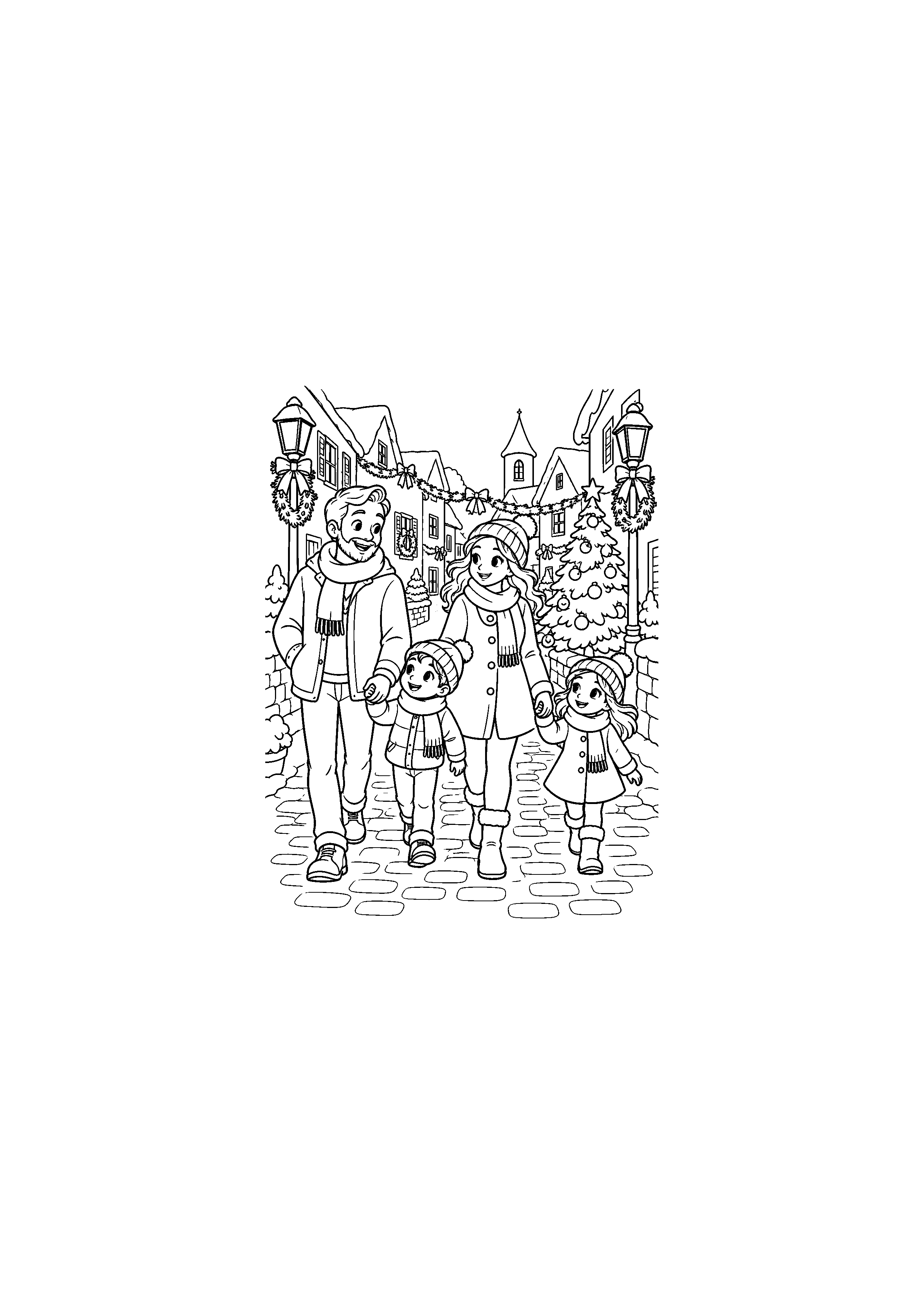 Coloriage Famille dans une rue décorée de Noël à imprimer gratuitement