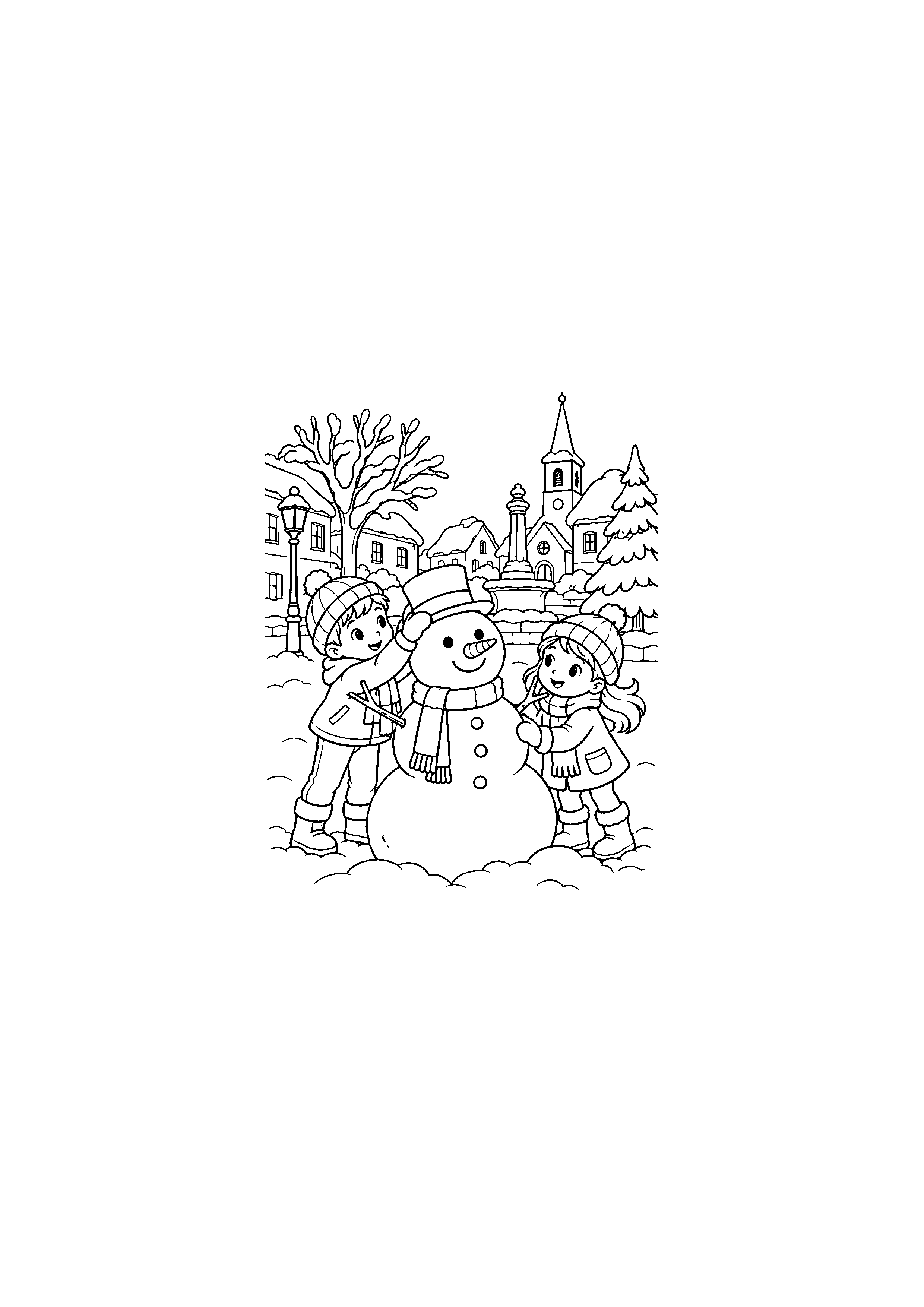Coloriage Enfants faisant un bonhomme de neige de Noël à imprimer gratuitement