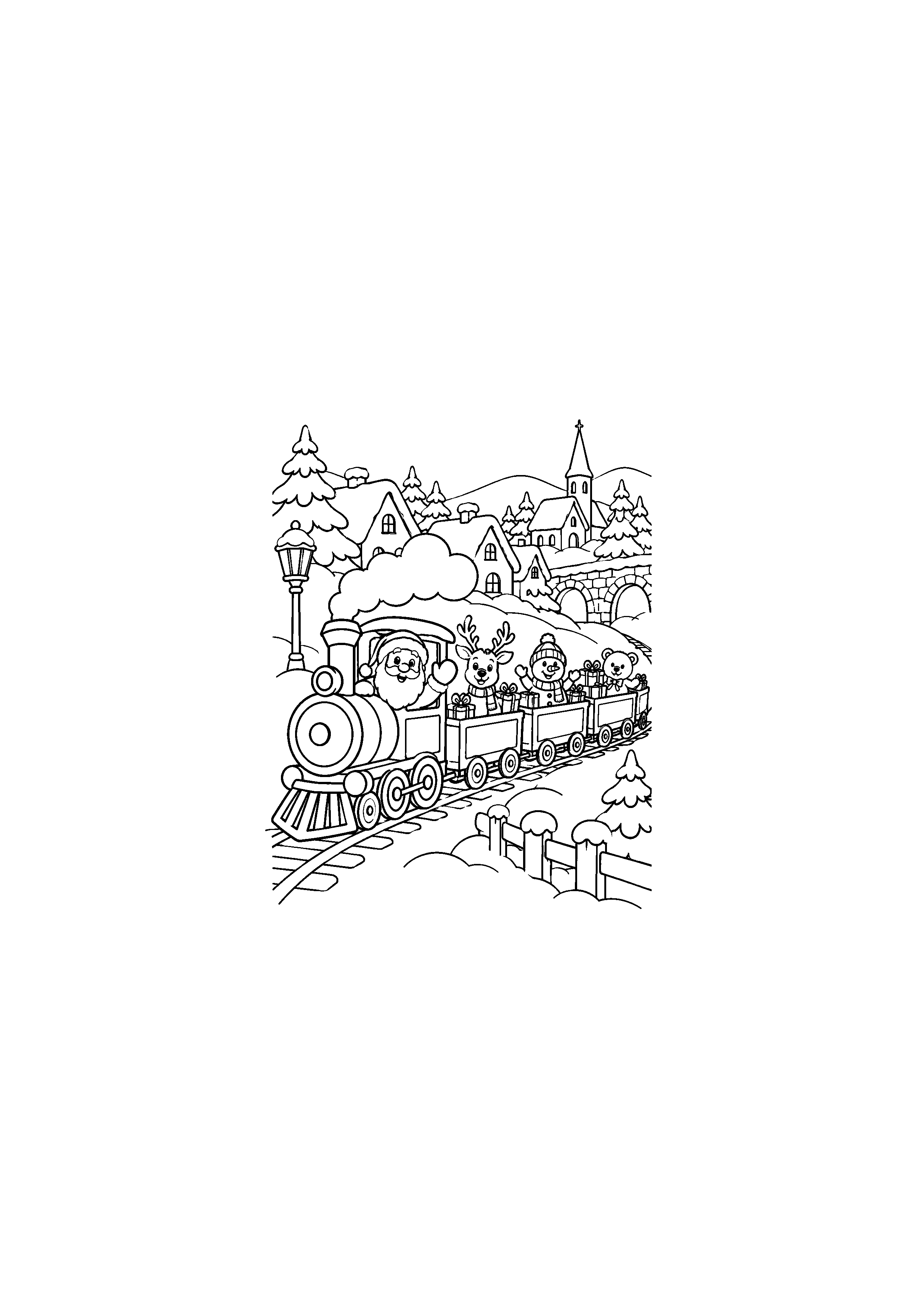 Coloriage Train traversant le village de Noël à imprimer gratuitement