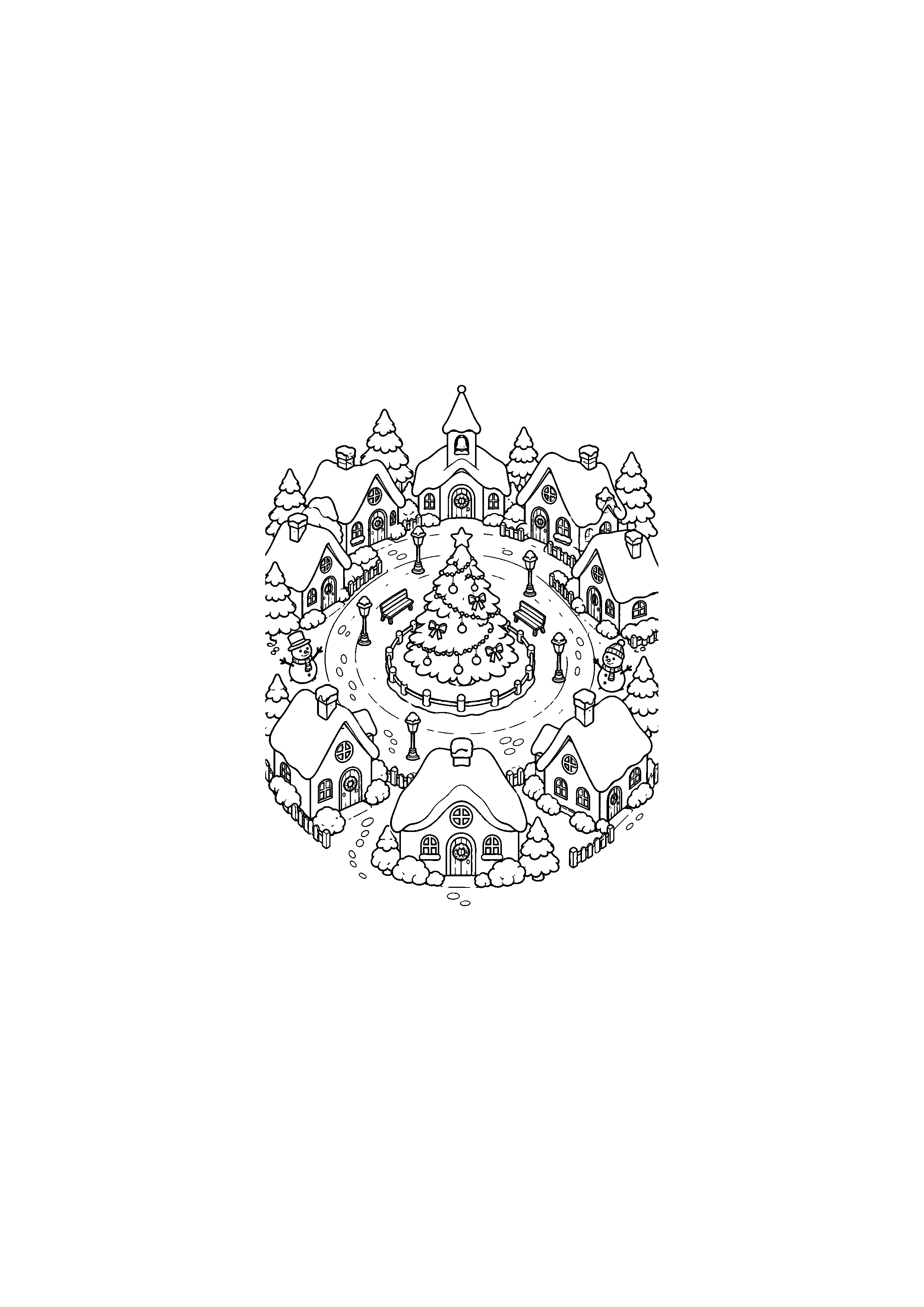 Coloriage Village circulaire vu en hauteur de Noël à imprimer gratuitement