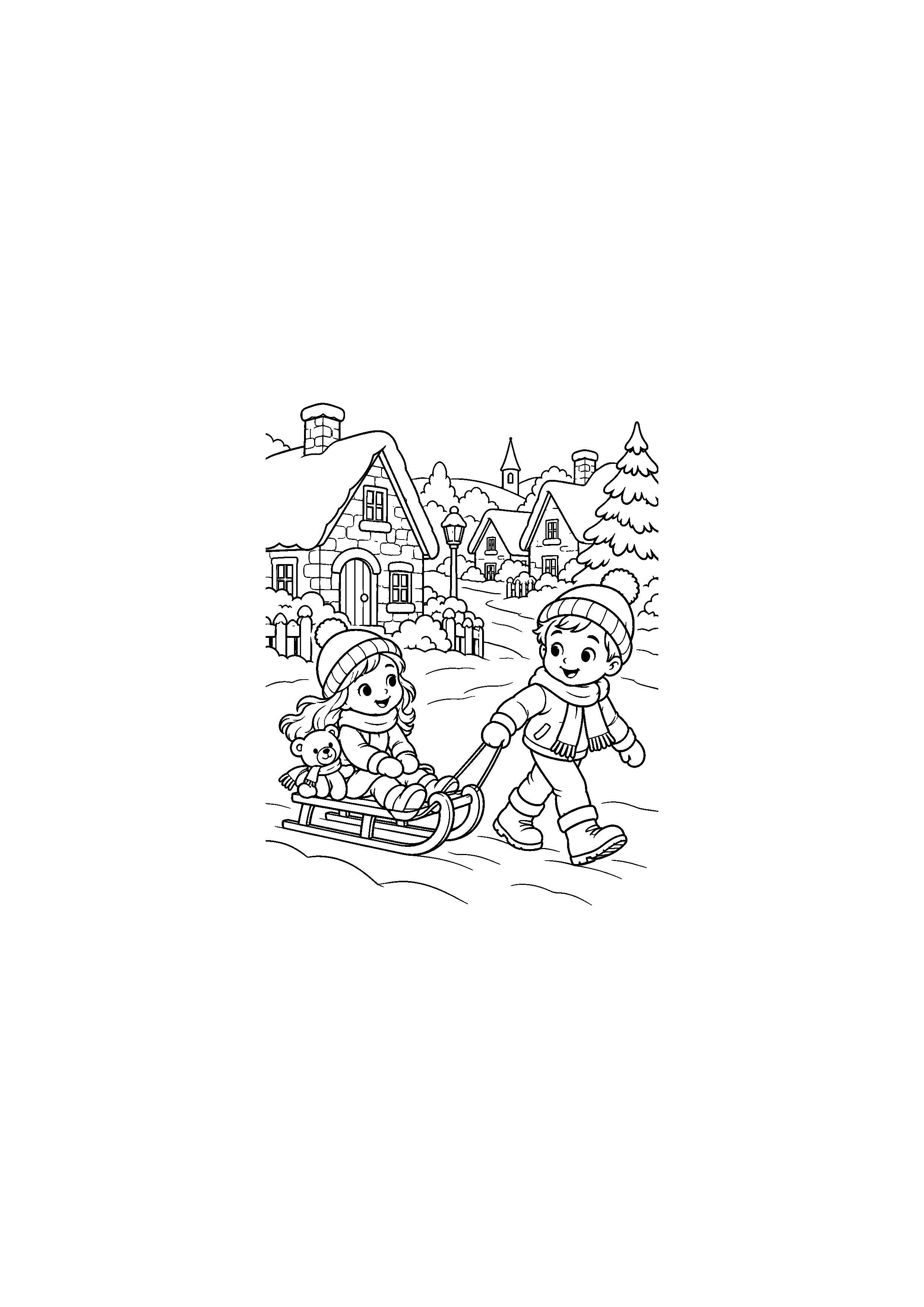 Coloriage Enfants tirant une luge de Noël à imprimer gratuitement