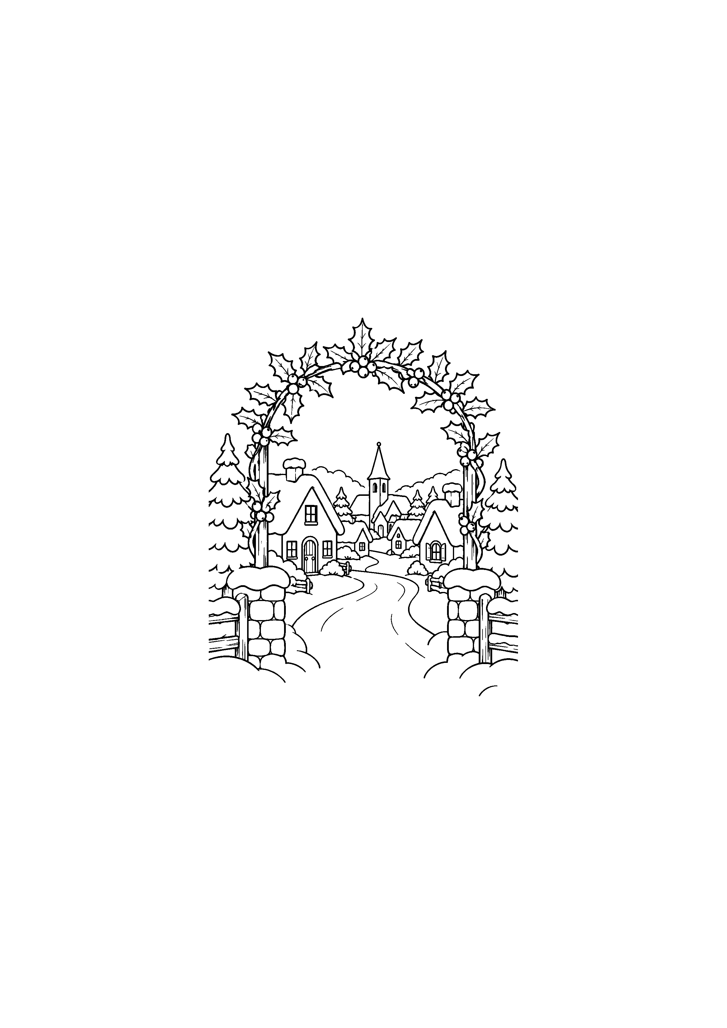 Coloriage Entrée avec arche de houx de Noël à imprimer gratuitement