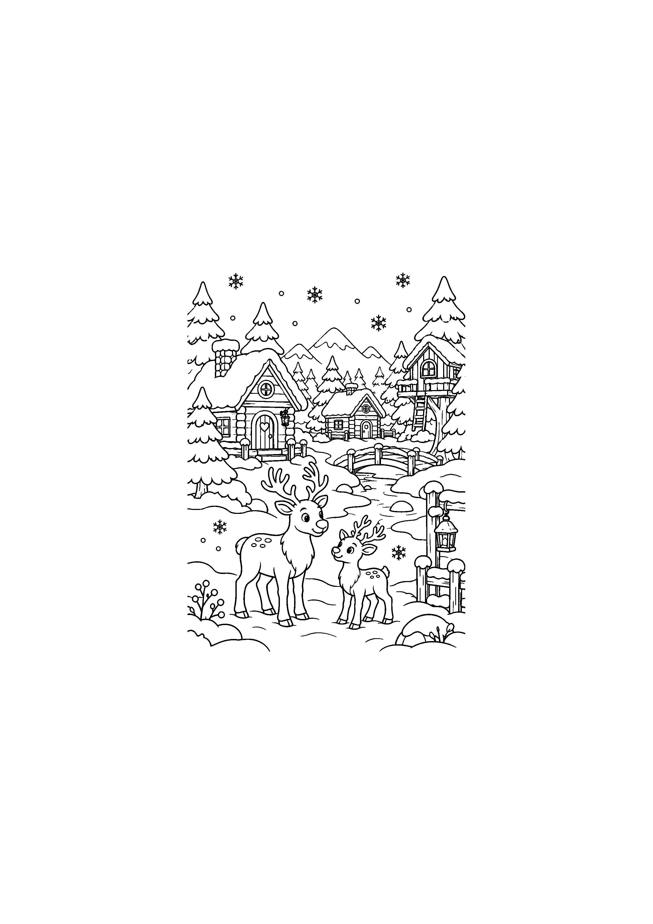 Coloriage Village forestier avec rennes de Noël à imprimer gratuitement