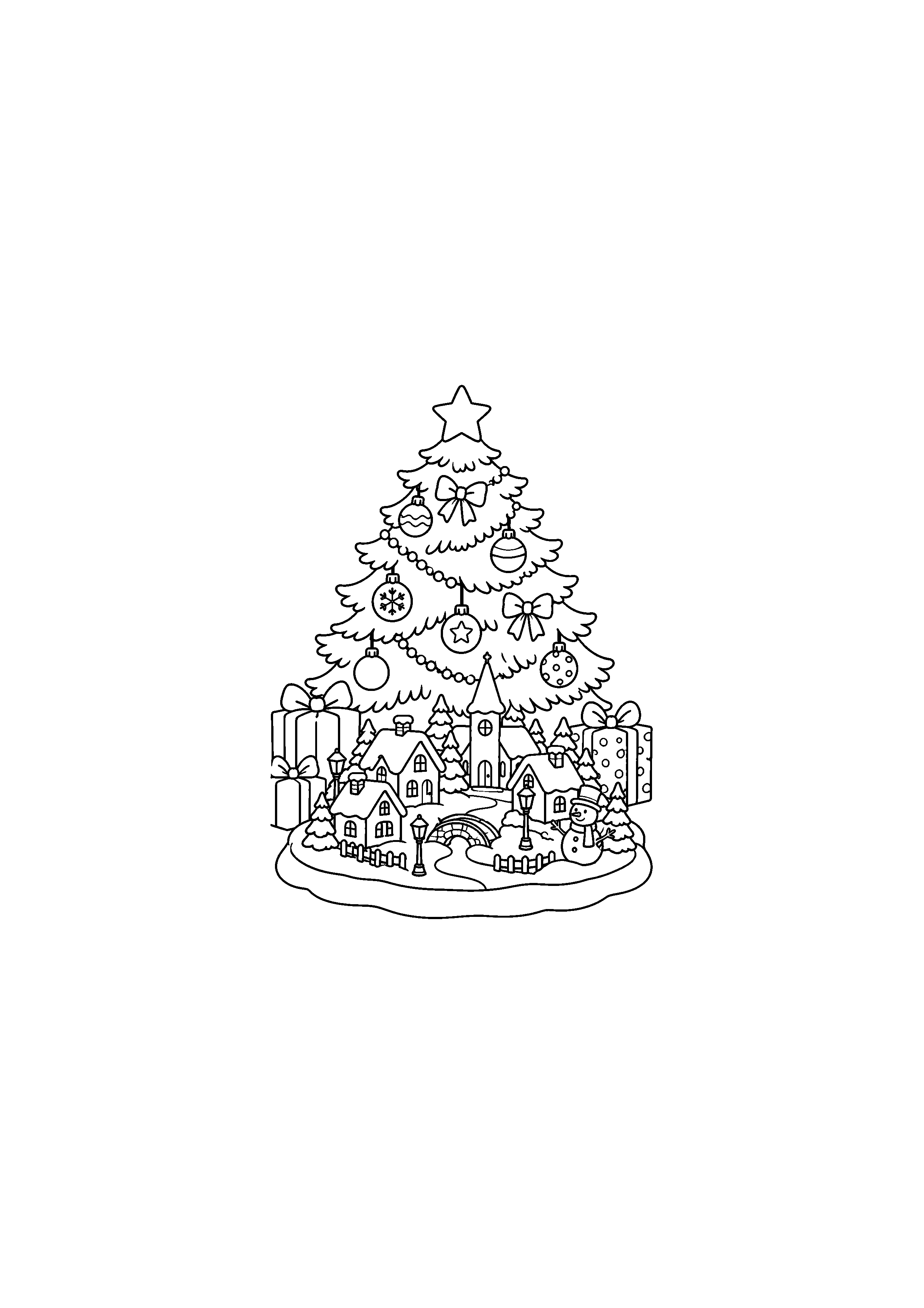 Coloriage Village miniature sous un sapin de Noël à imprimer gratuitement