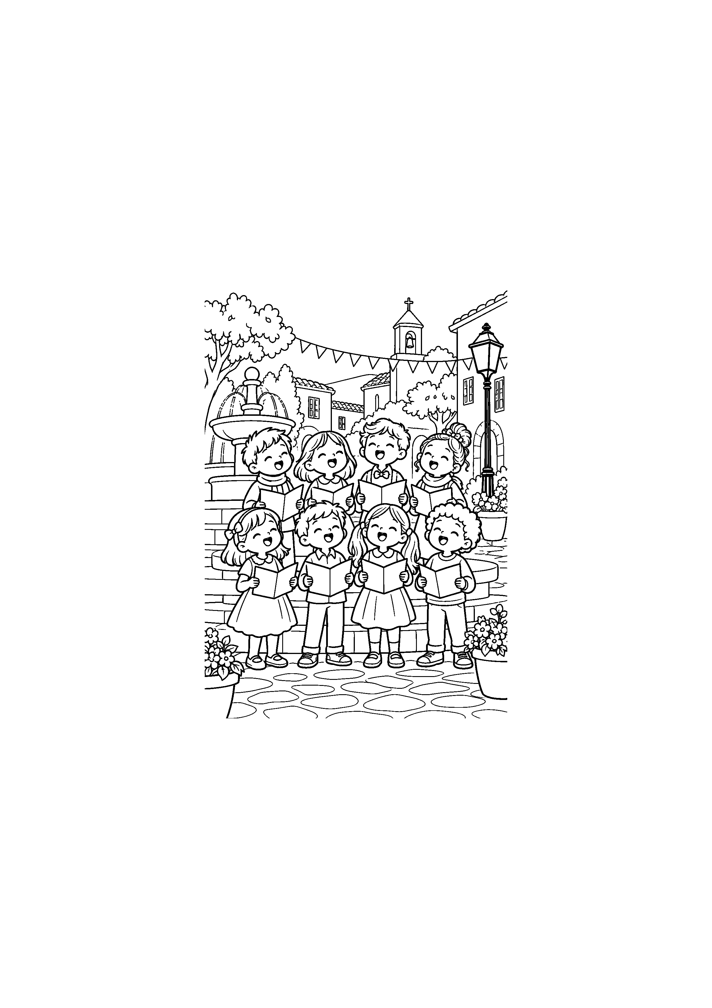 Coloriage Chorale sur la place de Noël à imprimer gratuitement