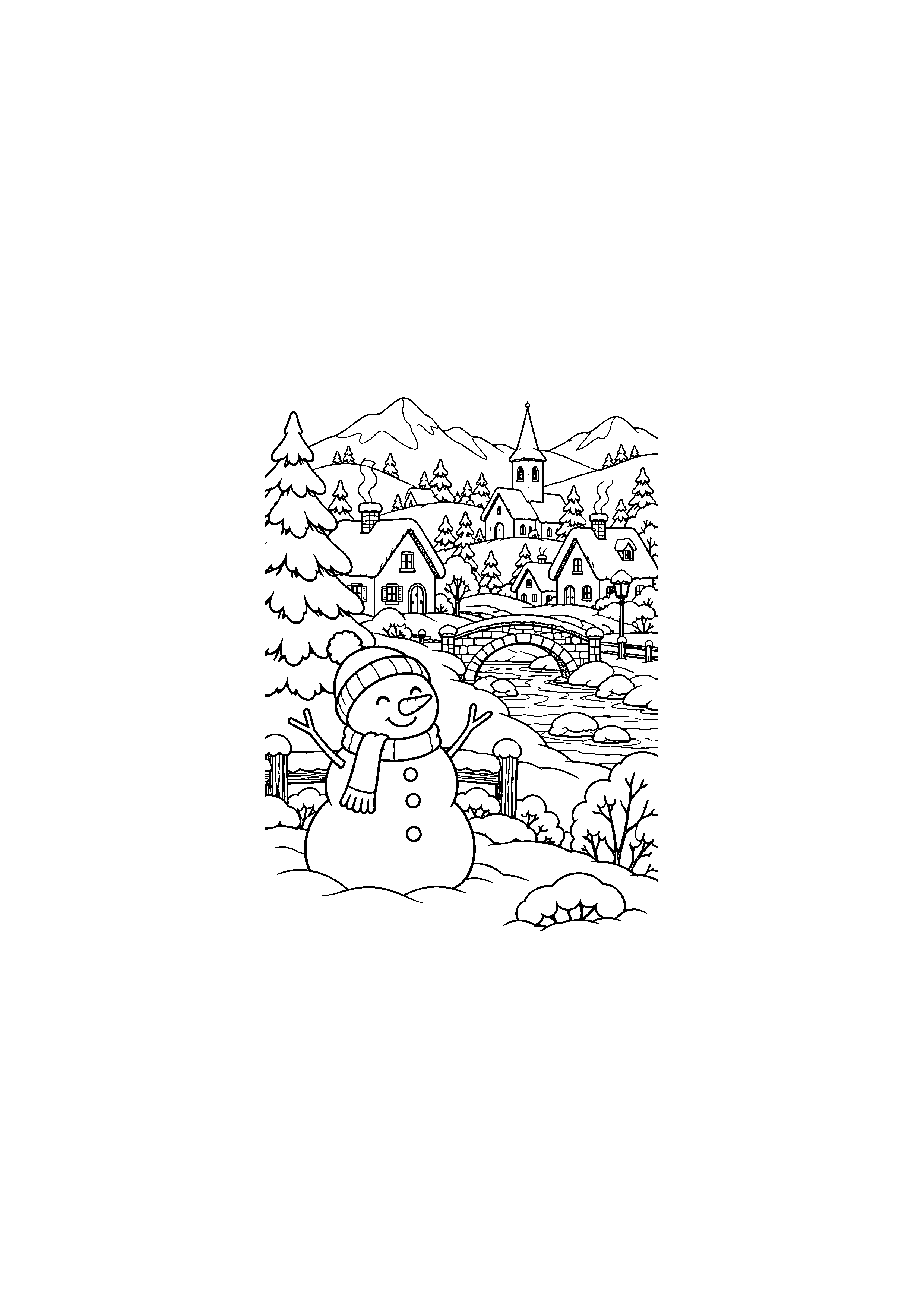 Coloriage Village panoramique avec bonhomme de neige de Noël à imprimer gratuitement