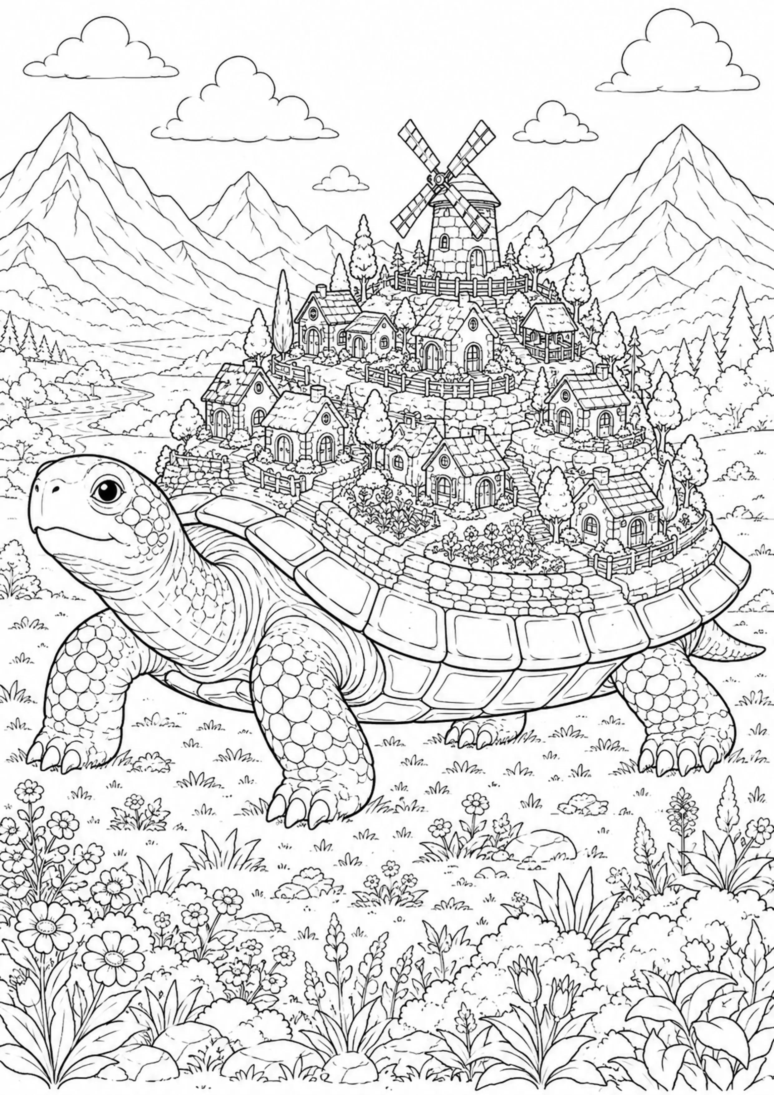 Coloriage Village sur tortue géante à imprimer – dessin n°1