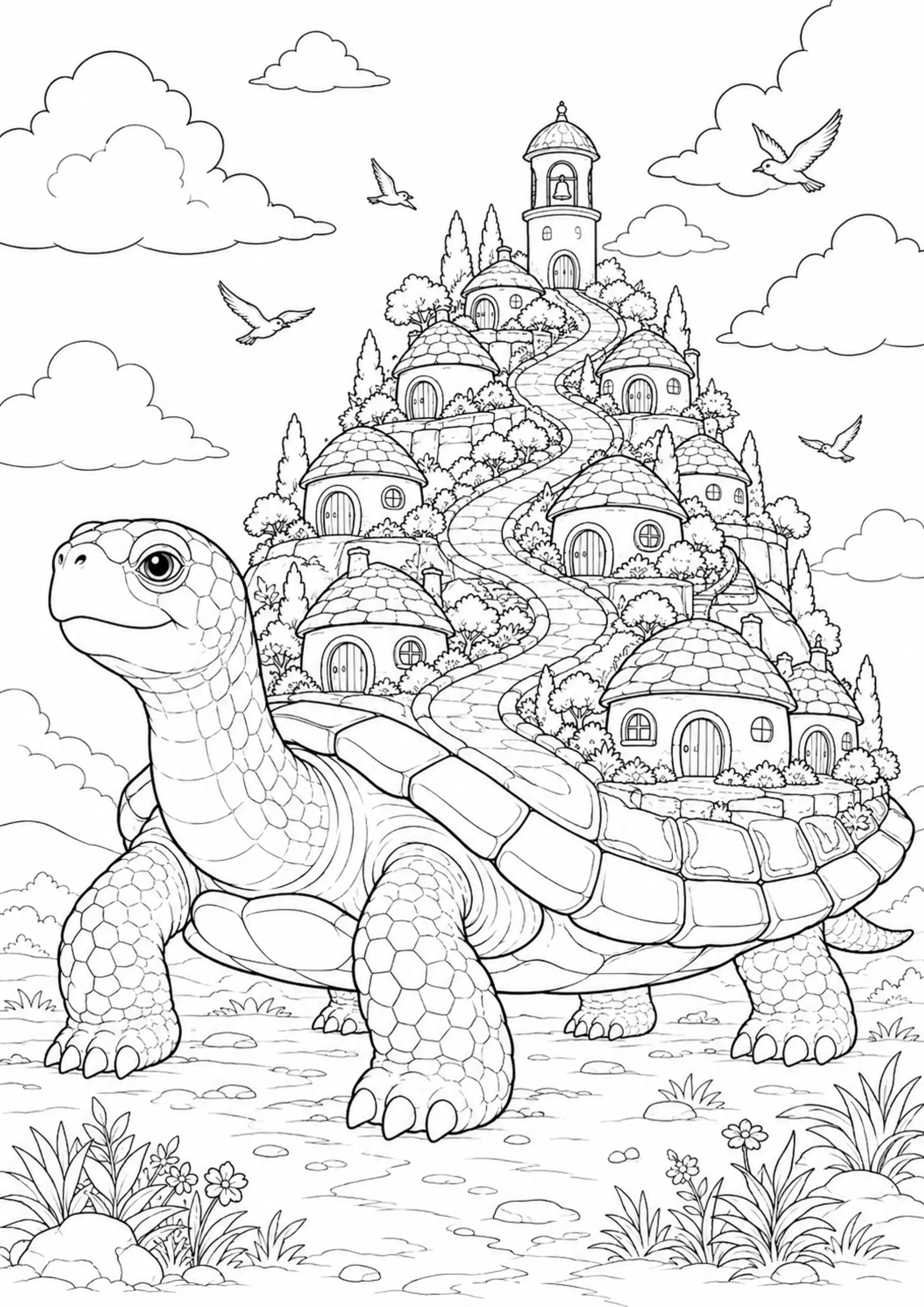Coloriage Village sur tortue géante à imprimer – dessin 2