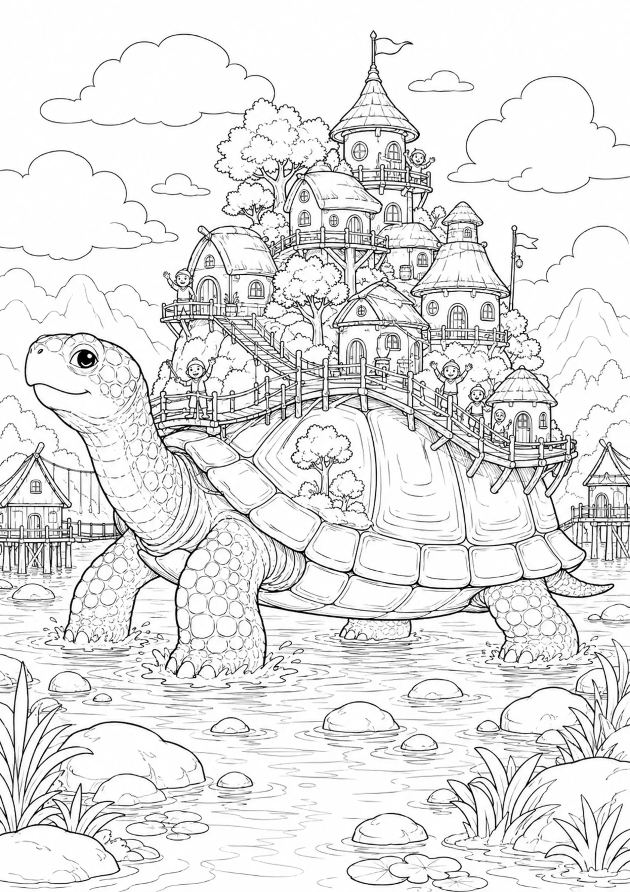 Coloriage Village sur tortue géante à imprimer – dessin 3