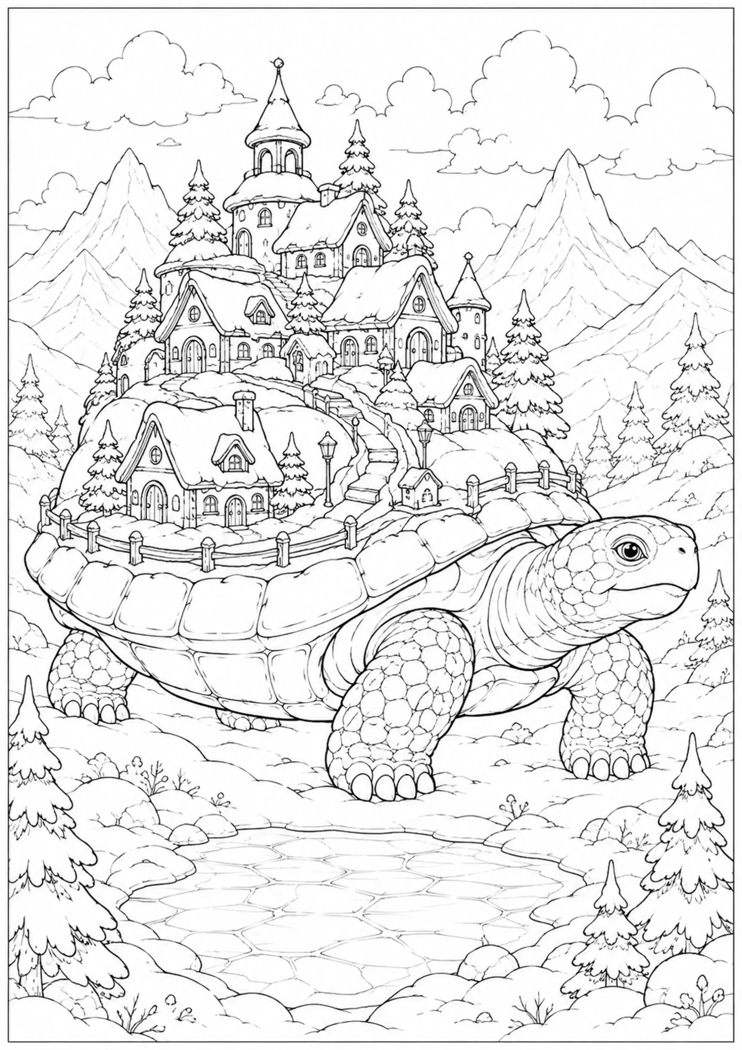 Coloriage Village sur tortue géante à imprimer – dessin n°7