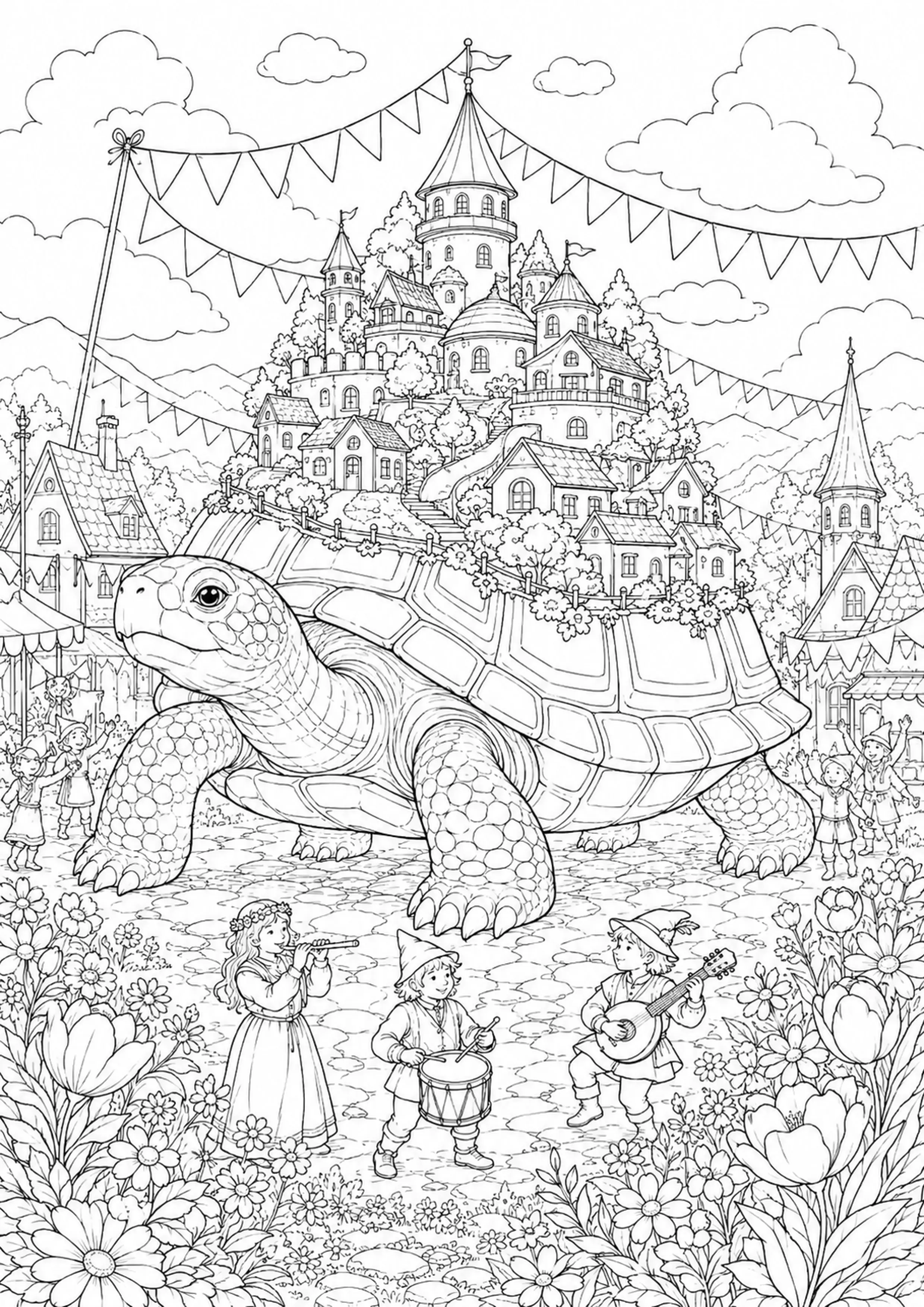Coloriage Village sur tortue géante à imprimer – dessin n°10