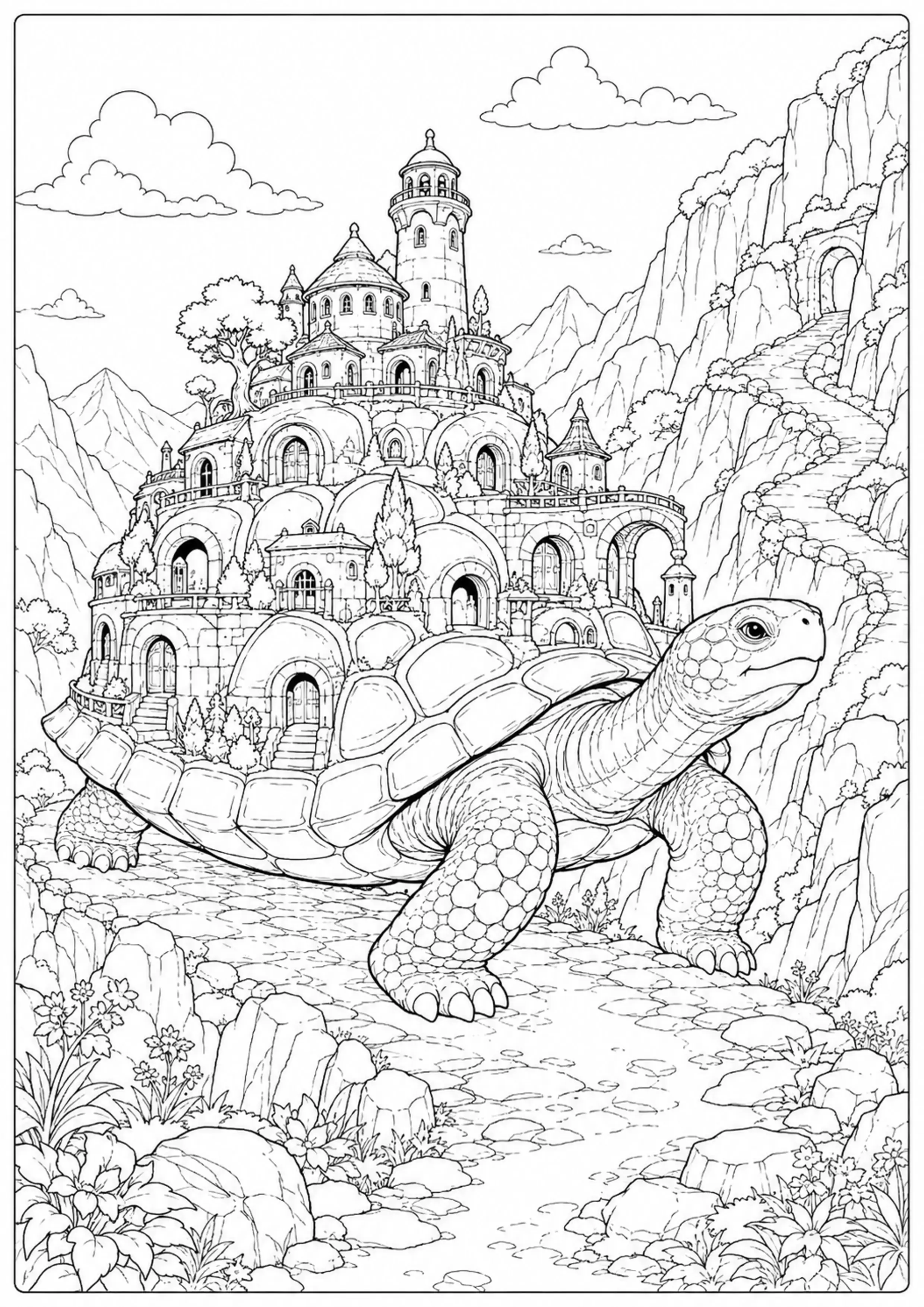 Coloriage Village sur tortue géante à imprimer – dessin n°12