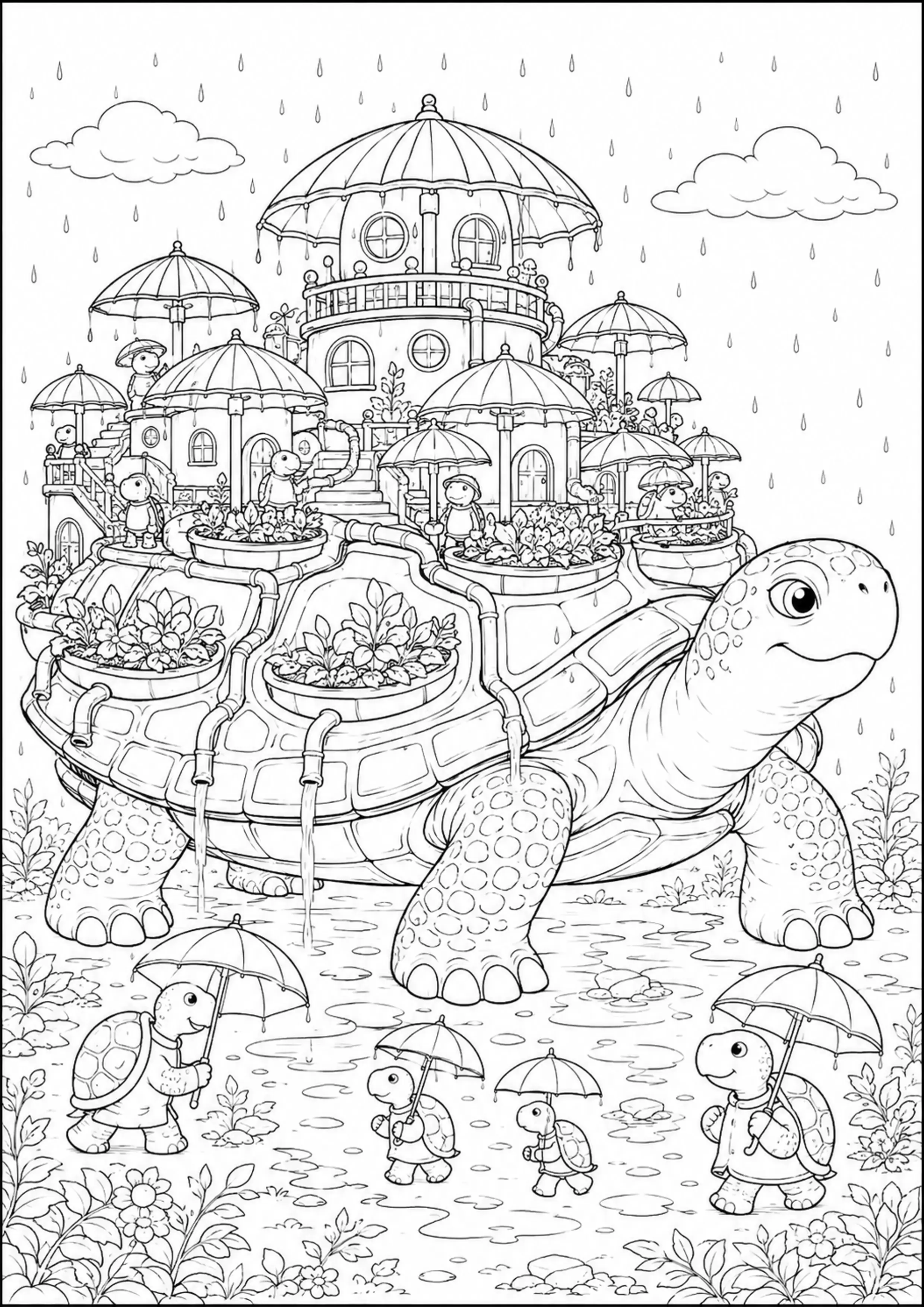 Coloriage Village sur tortue géante à imprimer – dessin n°15