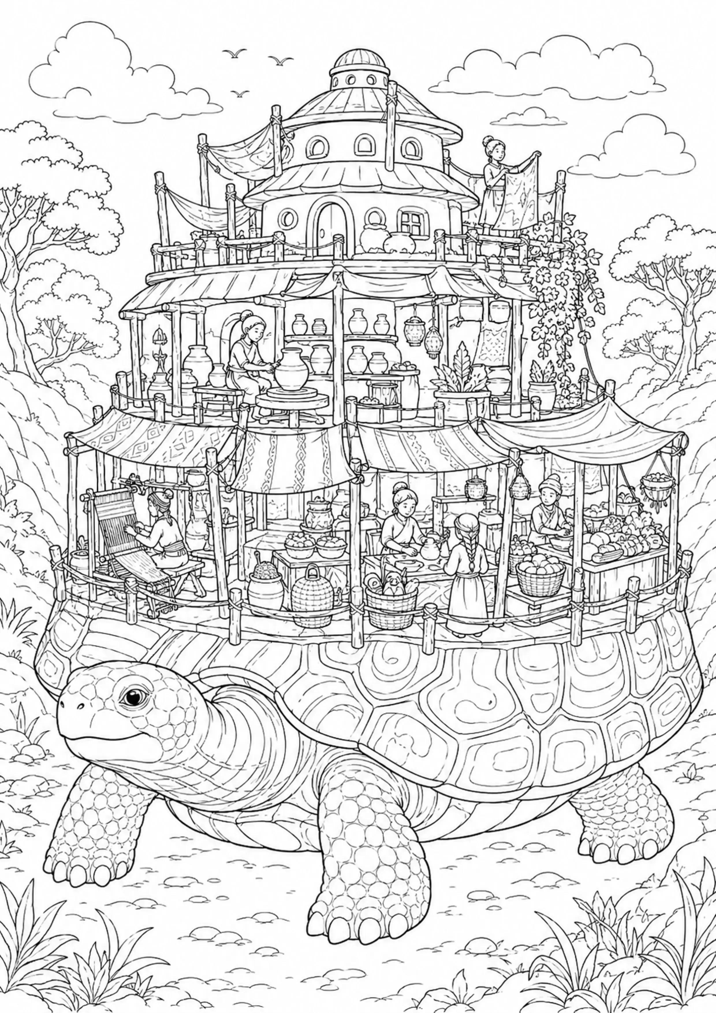 Coloriage Village sur tortue géante à imprimer – dessin n°19
