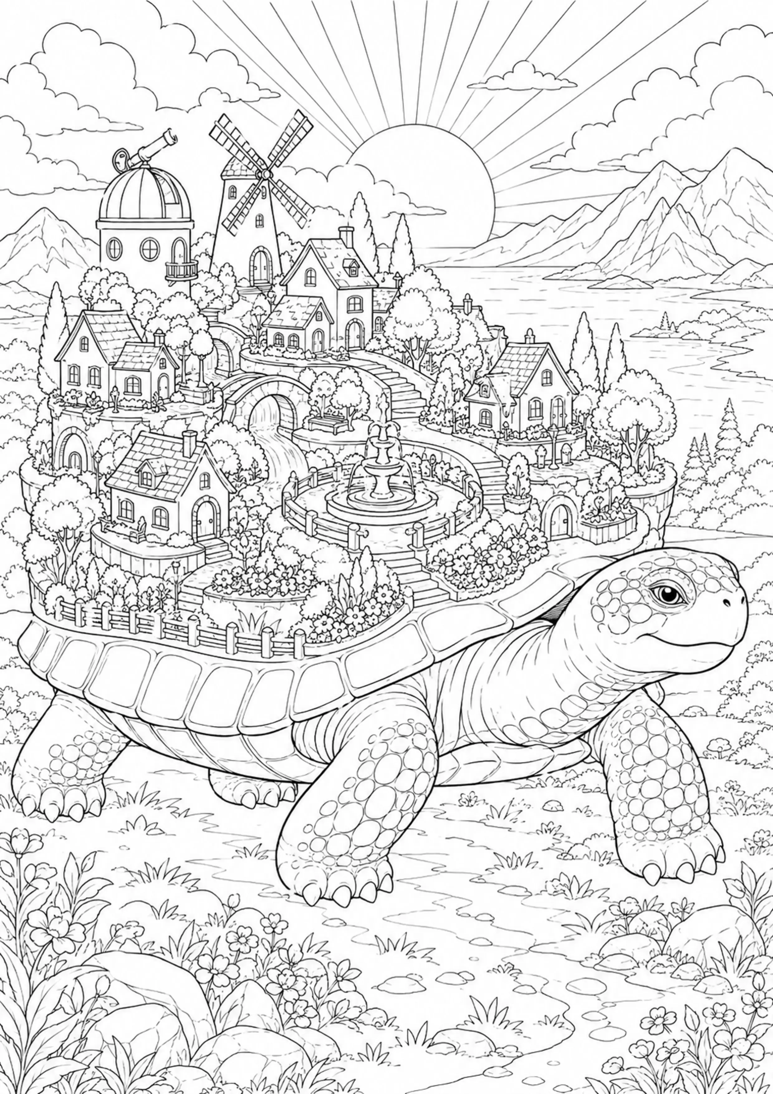 Coloriage Village sur tortue géante à imprimer – dessin n°20