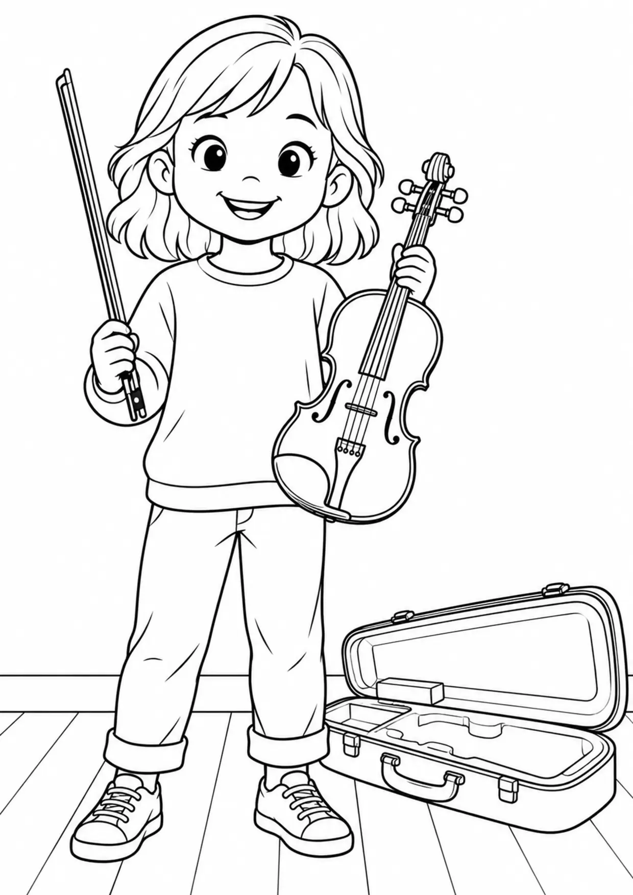 Coloriage violon : enfant archet à imprimer montrant enfant archet, dessin noir et blanc